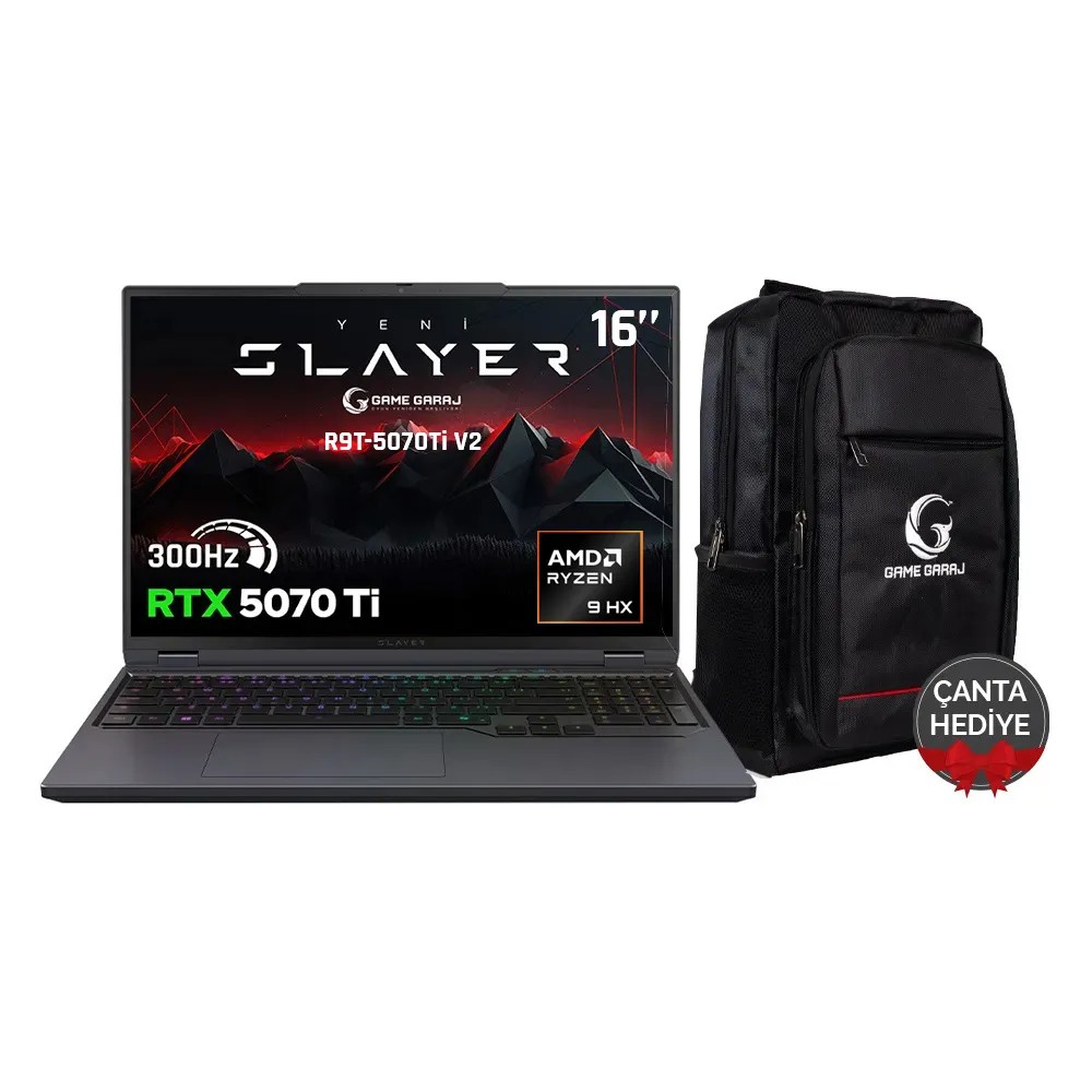 Gri renkli 16 inç R9T-5070Ti V2, RTX 5070 Ti, AMD Ryzen 9 HX oyuncu dizüstü bilgisayarı ve siyah sırt çantası.