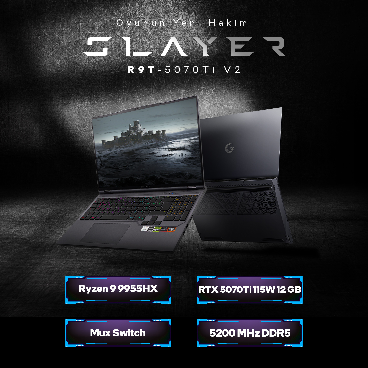 Karanlık arka planda donanım özellikleriyle Slayer R9T-5070Ti V2 oyuncu dizüstü bilgisayarı.