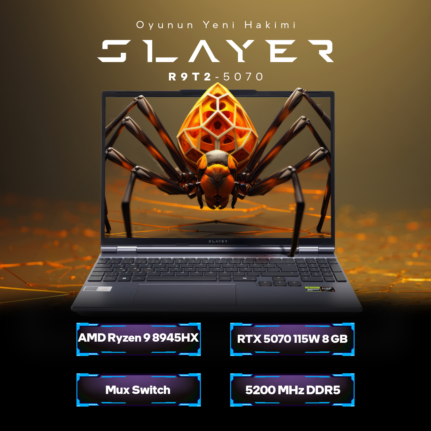 Bir dizüstü bilgisayar, turuncu parlayan örümcek grafiği ve altında AMD Ryzen 9 ve RTX 5070 özelliklerini gösteriyor.