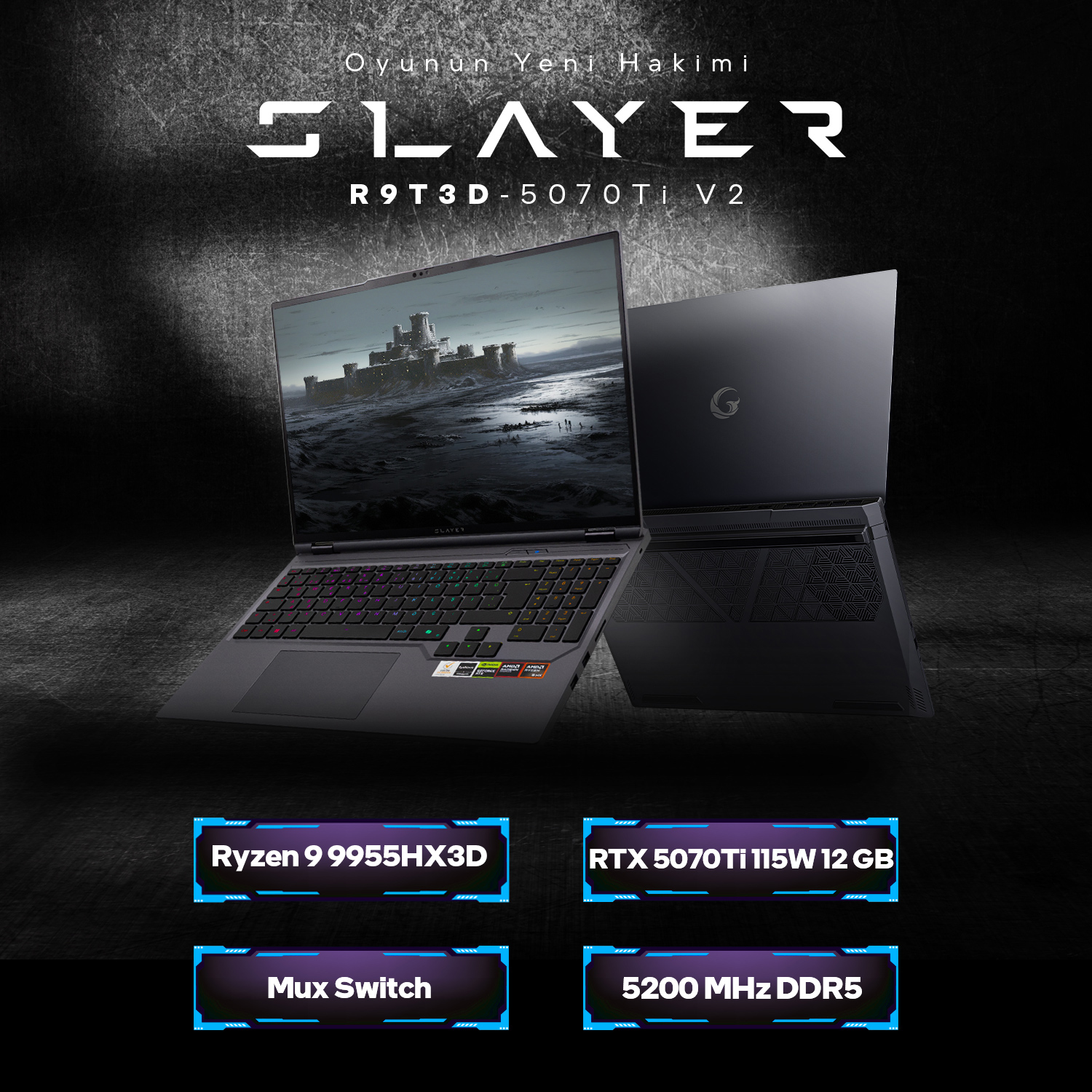 Koyu arka planda Ryzen 9 ve RTX grafikli Slayer oyuncu dizüstü bilgisayarı.
