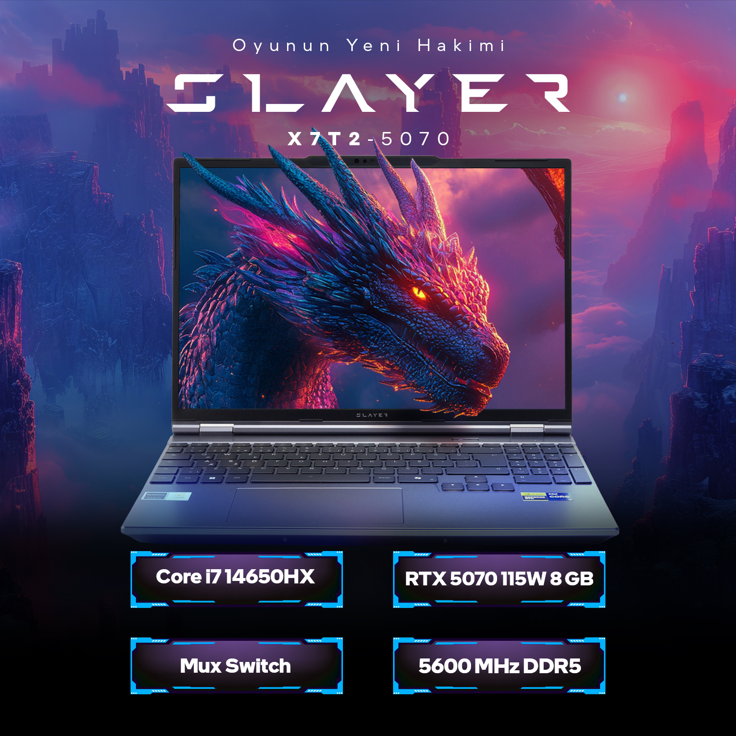 Mor ejderha manzarası önünde donanım özellikleriyle Slayer X7T2-5070 oyuncu dizüstü bilgisayarı.