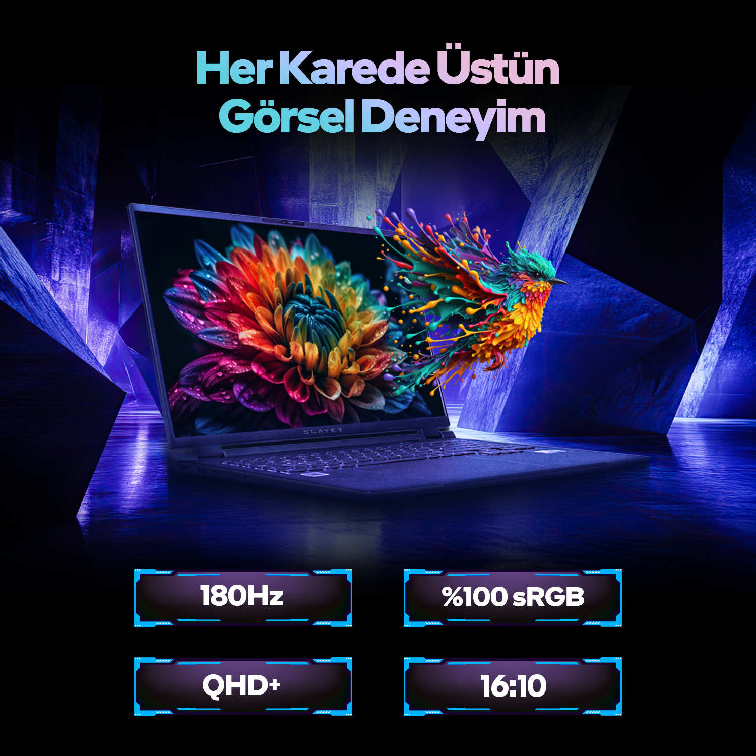 Karanlık arka planda canlı ekranı ve 180Hz, QHD+, %100 sRGB, 16:10 özellikleri ile mavi tonlarında bir oyuncu dizüstü bilgisayarı.