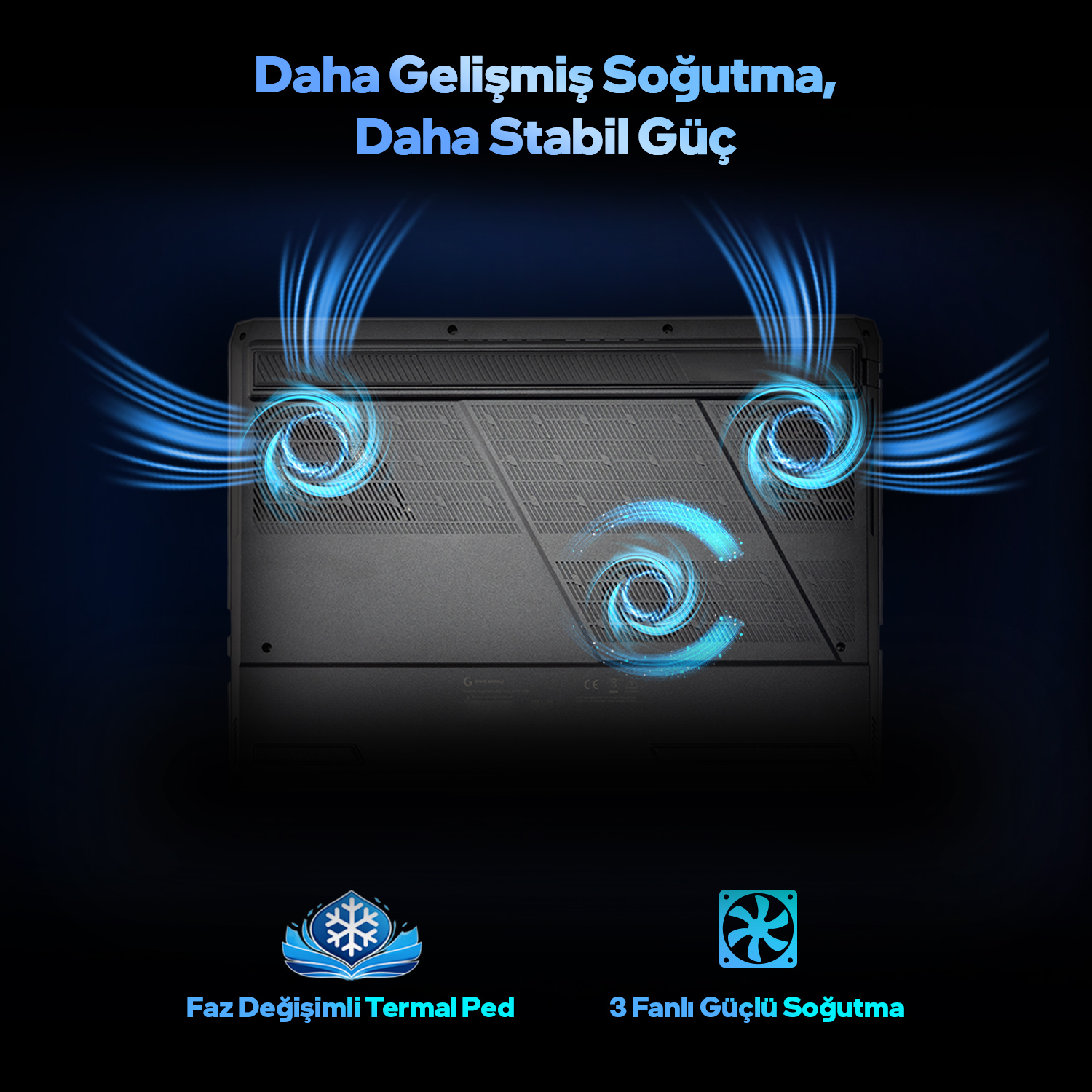 Mavi soğutma hava akımları, metin ve simgeler gösteren laptop tabanı.