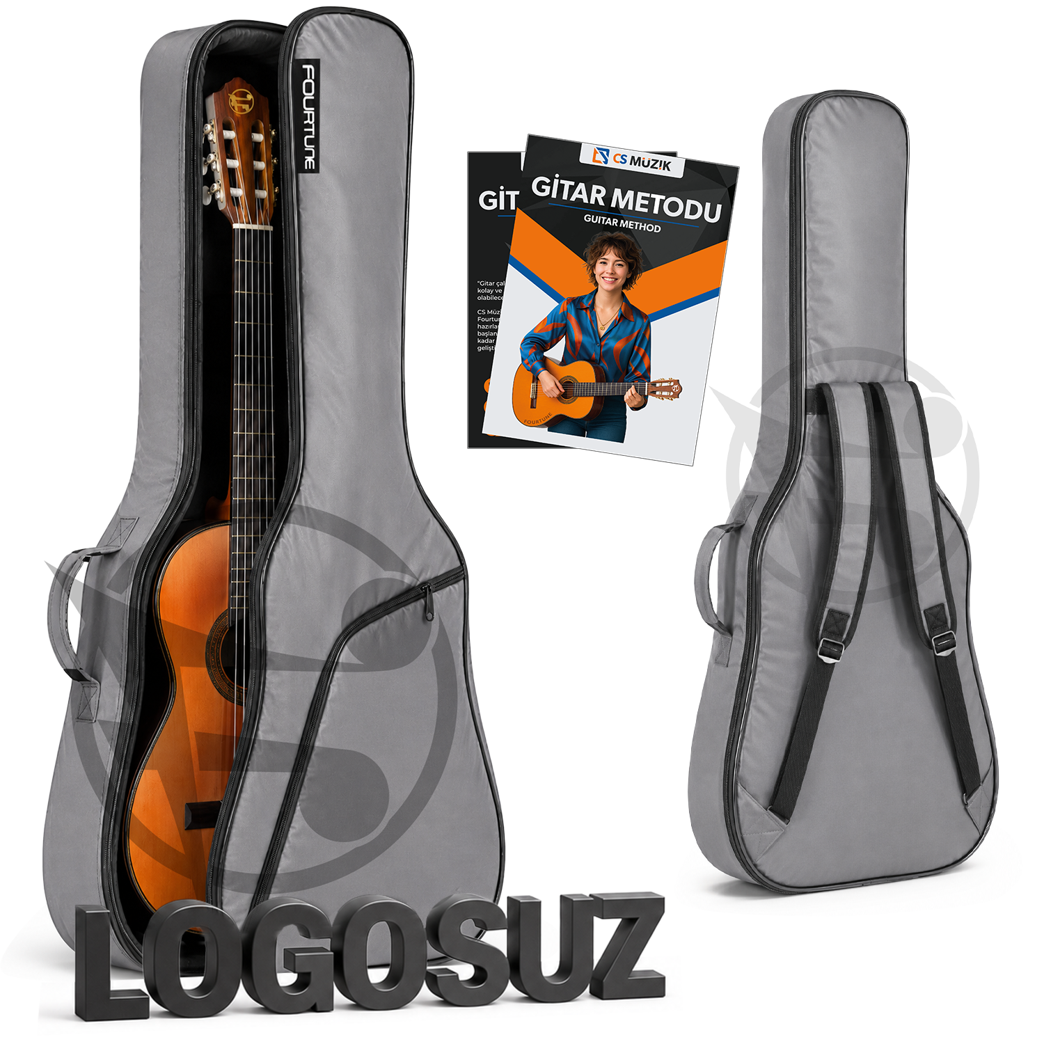 Akustik gitar, sırt askıları ve gitar metod kitabı içeren gri gitar kılıfı.