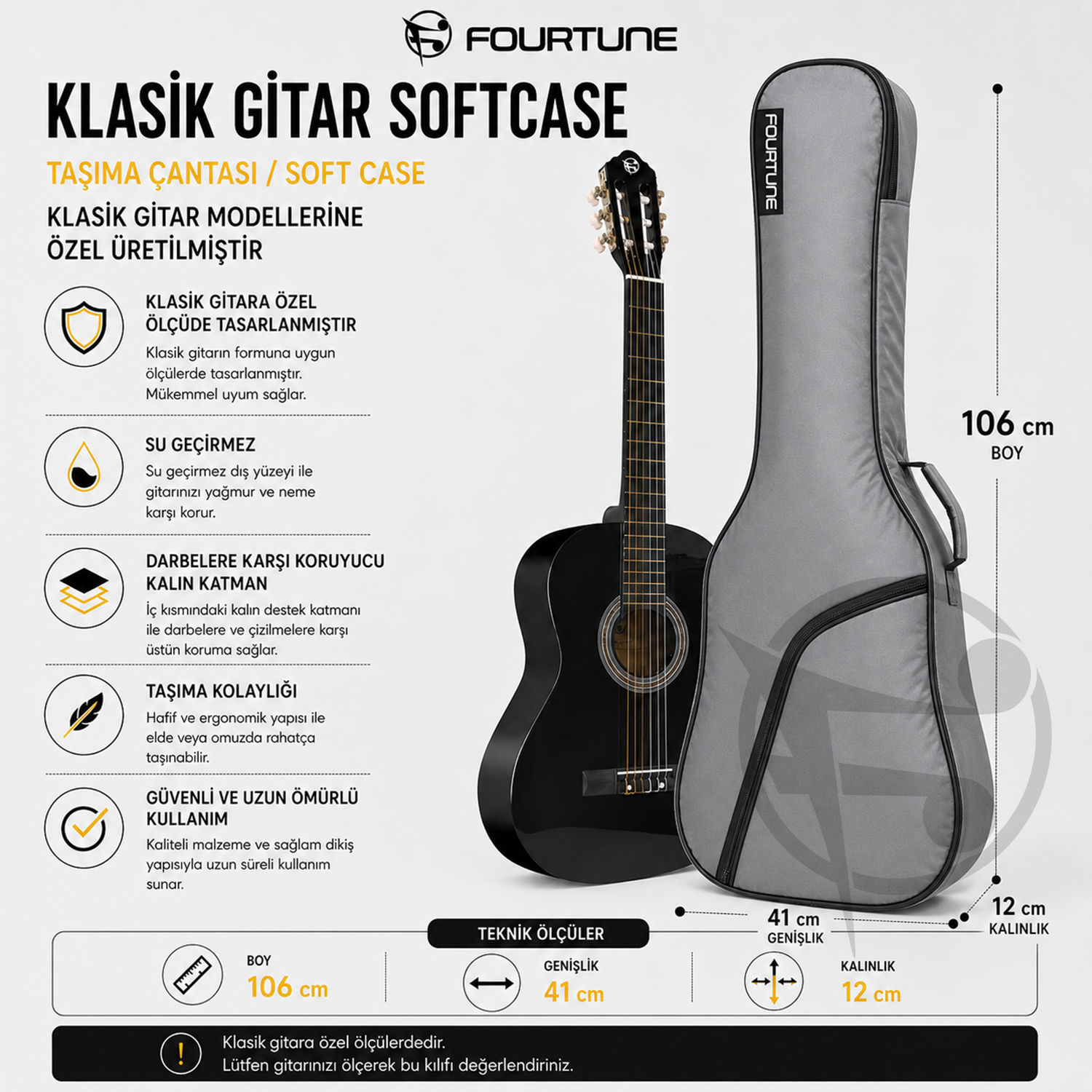 Siyah klasik gitar ve gri softcase gösteren, Türkçe ölçü ve özelliklerin yer aldığı tanıtım görseli.