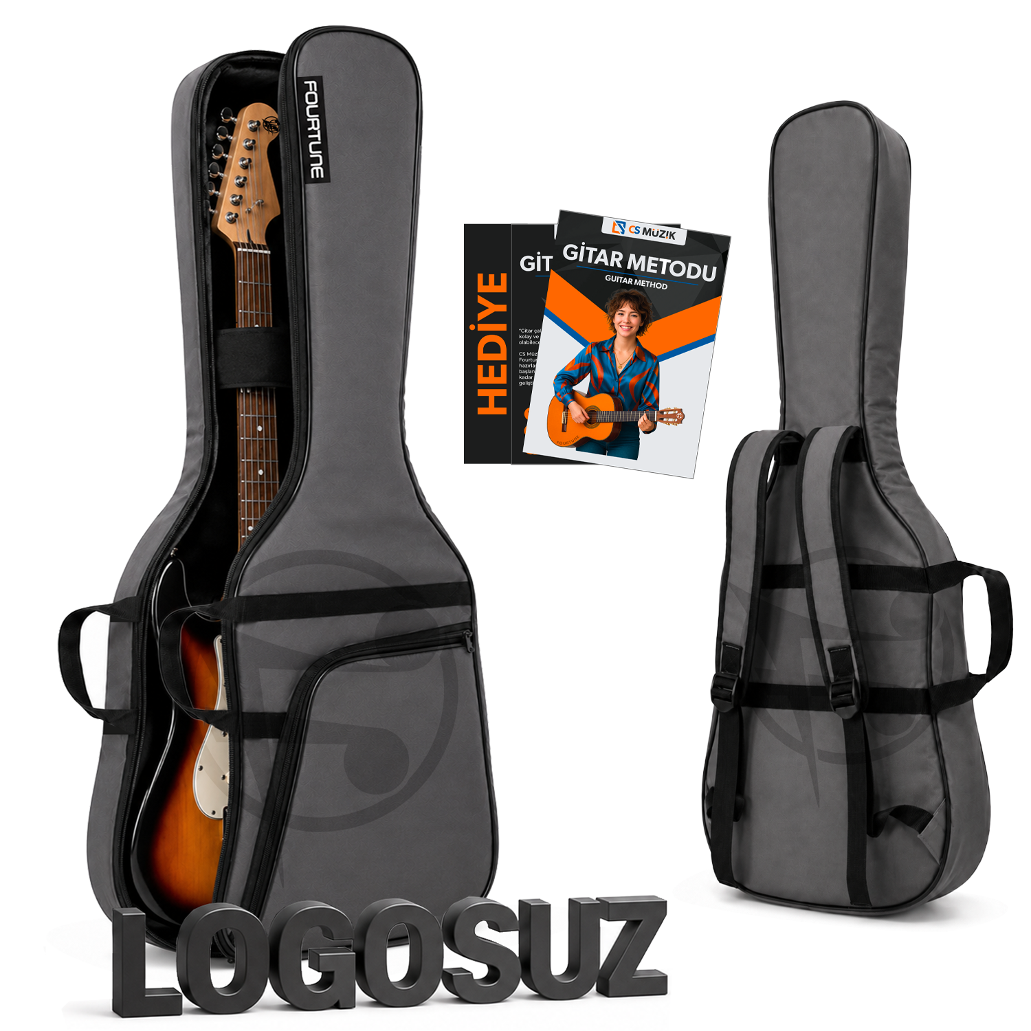 Önü açık gri gitar kılıfı, içinde elektro gitar, iki gitar metod kitabı ve arka görünüm.