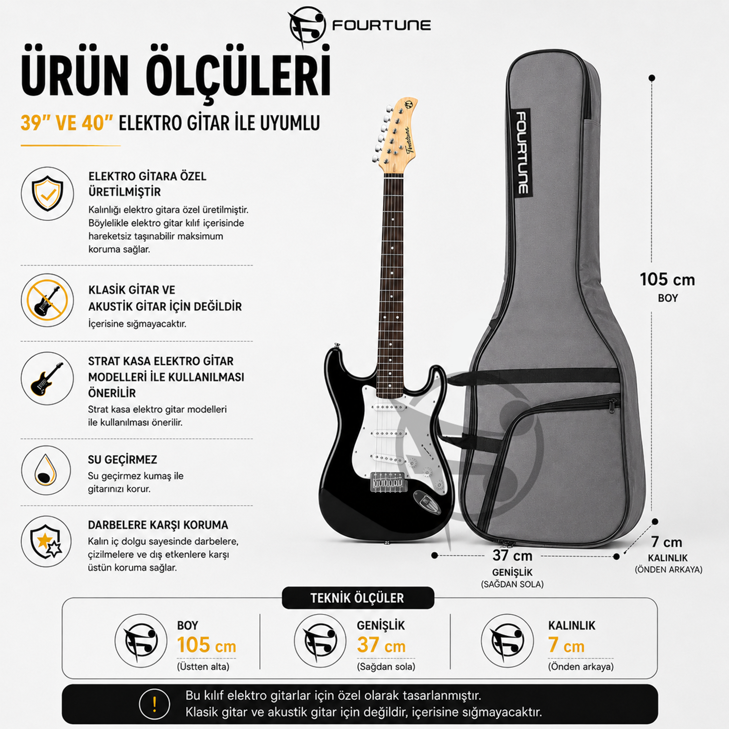 Siyah elektro gitar ve gri gigbag kılıfın teknik ölçüleri ve ürün özellikleri.