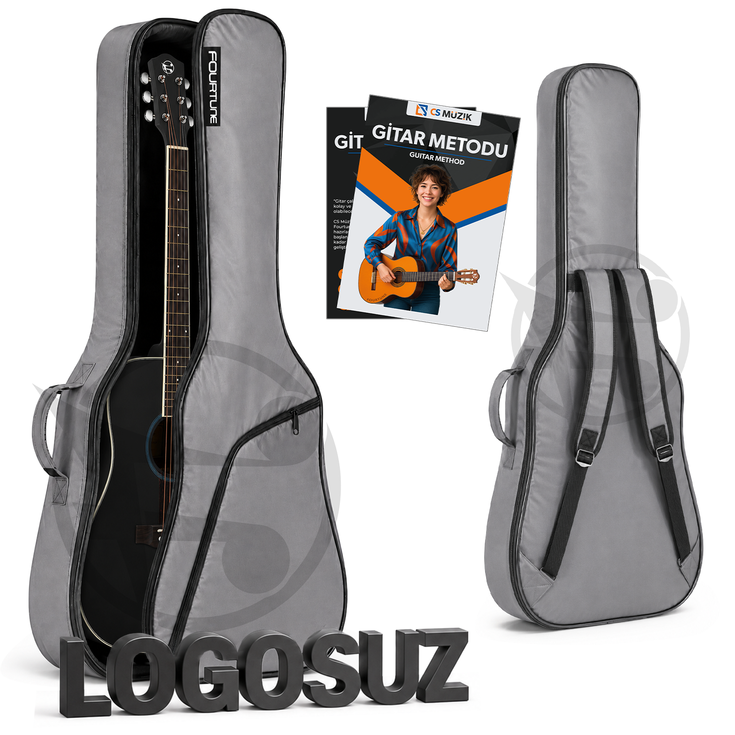 Siyah akustik gitar içeren gri gitar kılıfı, sırt çantası askıları ve gitar metot kitabı.