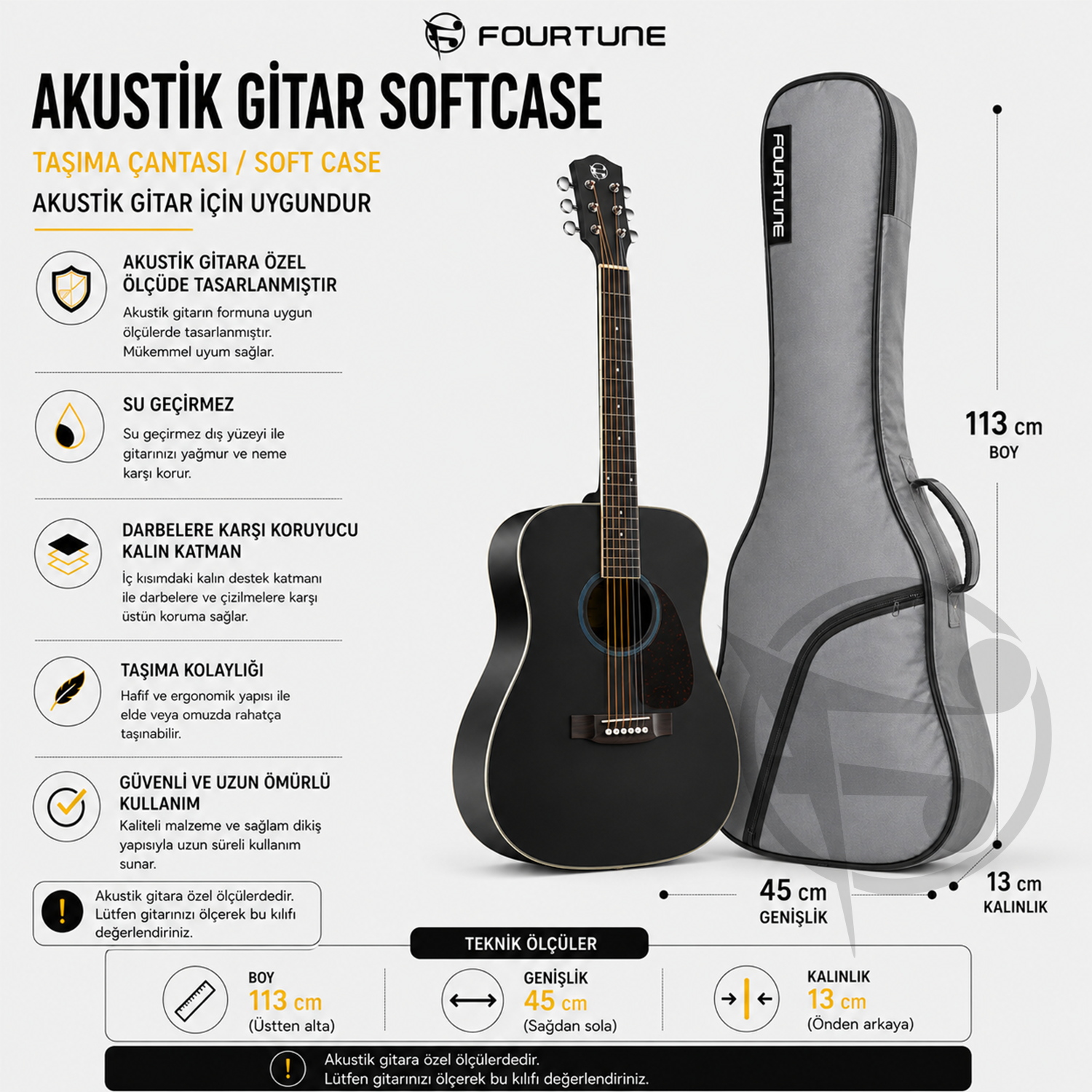 Beyaz arkaplanda boyutlar ve özellik simgeleriyle siyah akustik gitar ve gri kılıfı.