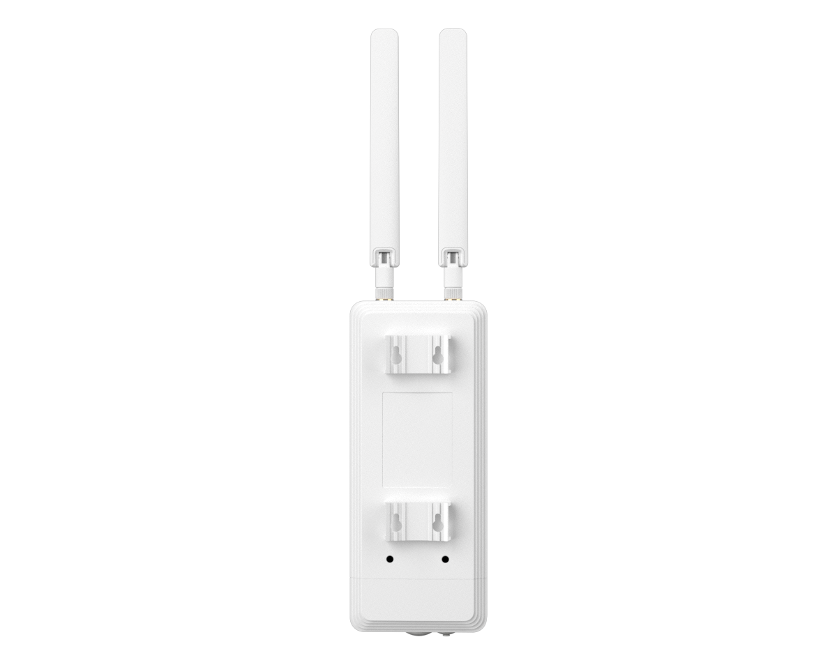 Siyah arka plan üzerinde iki antenli ve montaj braketli beyaz, uzunca bir Wi-Fi yönlendirici.