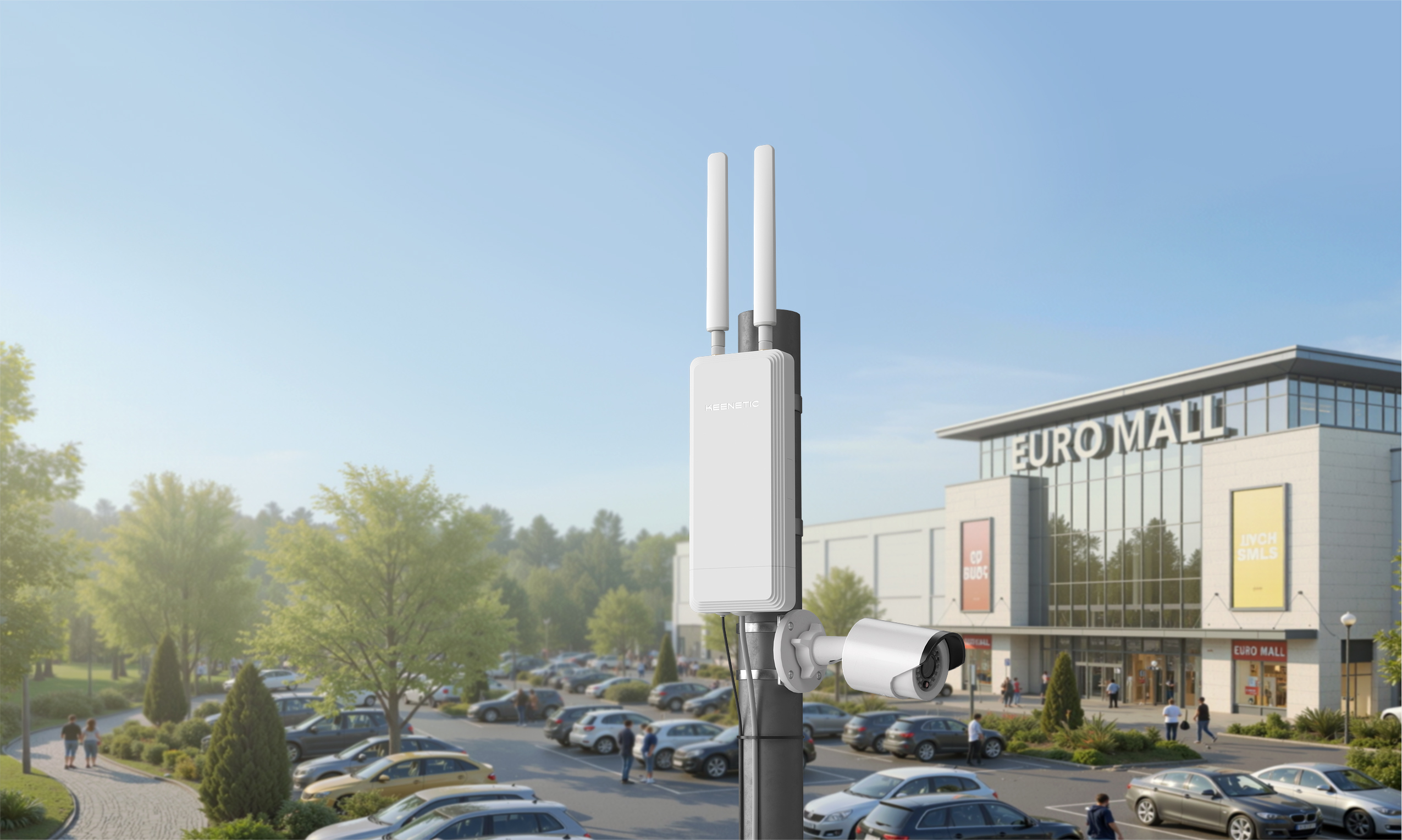 Otoparklı büyük bir alışveriş merkezinin önünde direğe monte edilmiş Wi-Fi anteni ve güvenlik kamerası.