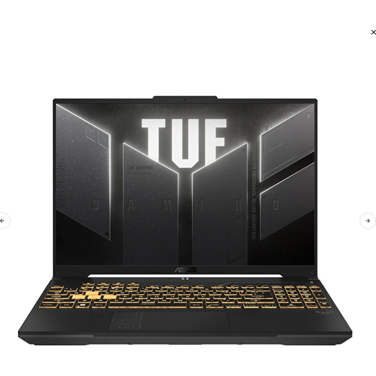 Siyah bir ASUS TUF Gaming dizüstü bilgisayar açık, markalı bir duvar kağıdı ve altın vurgulu WASD tuşları gösteriyor.