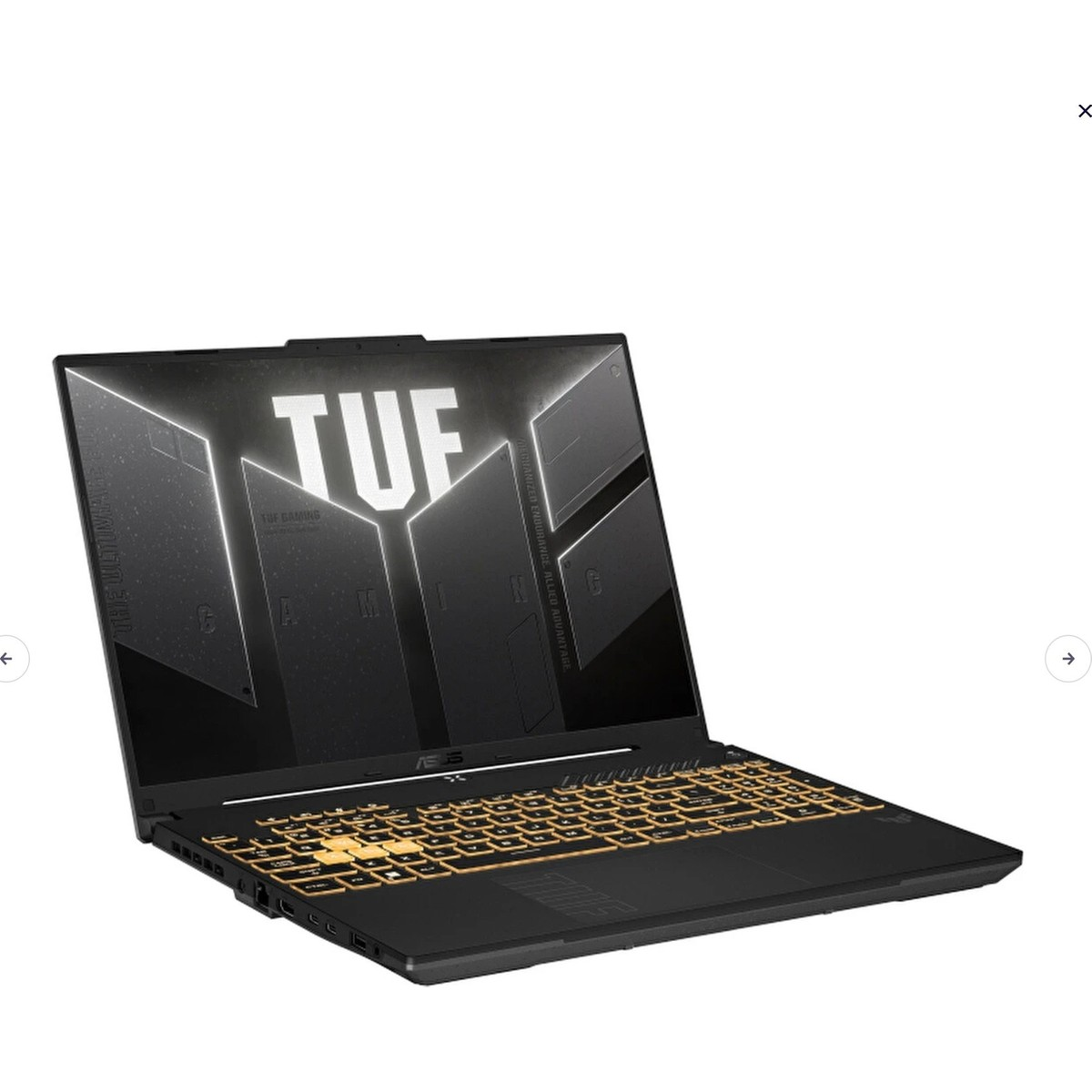 Arkadan aydınlatmalı klavyeye ve ekranda TUF logosuna sahip siyah bir ASUS TUF oyuncu dizüstü bilgisayarı.