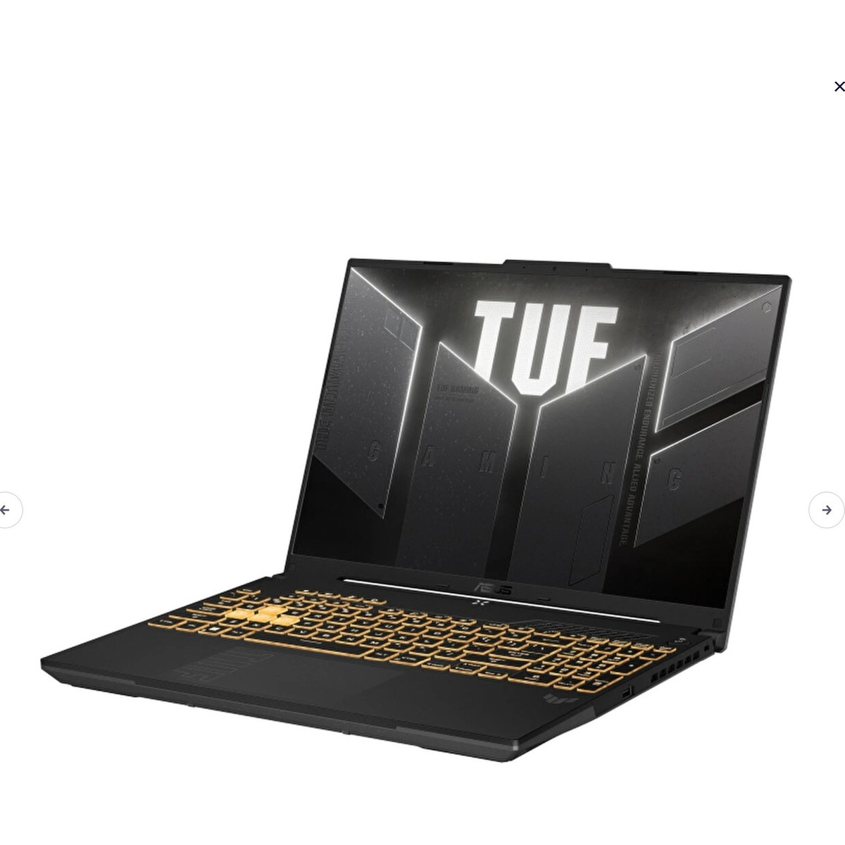 Arkadan aydınlatmalı klavyeye ve ekranda TUF logosuna sahip siyah bir Asus TUF oyun dizüstü bilgisayarı.