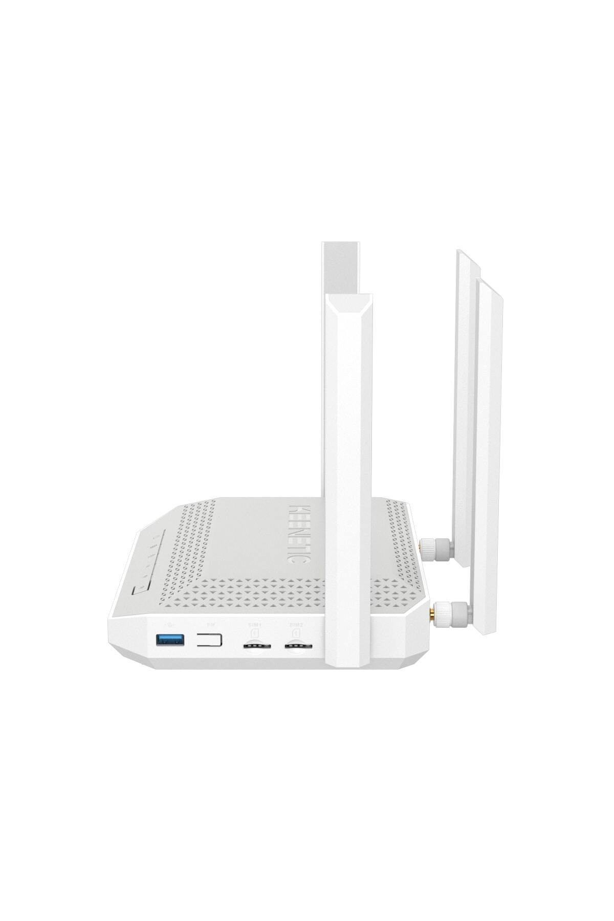 Ön tarafta iki anteni ve bağlantı noktaları olan beyaz bir Wi-Fi yönlendirici.