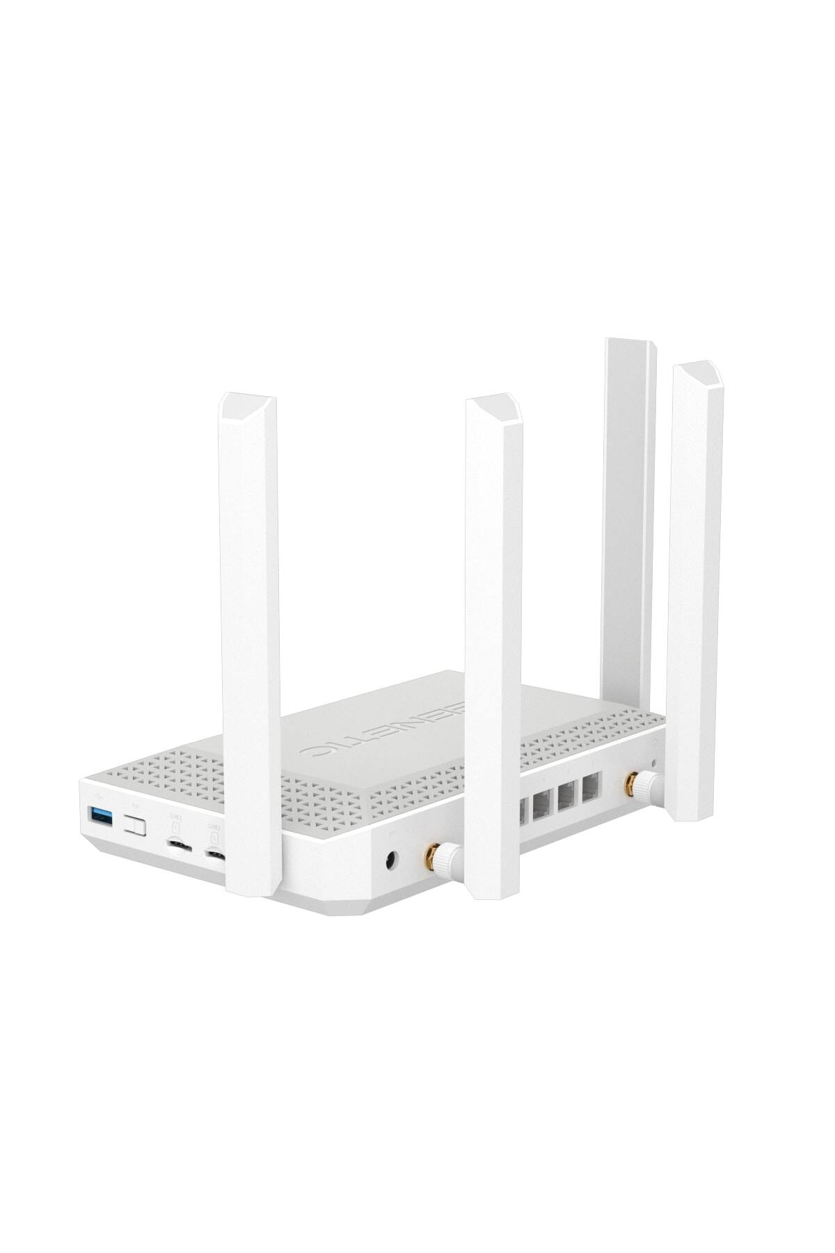 Beyaz arka planda dört antenli, USB ve Ethernet bağlantı noktalarına sahip beyaz bir Wi-Fi yönlendirici.