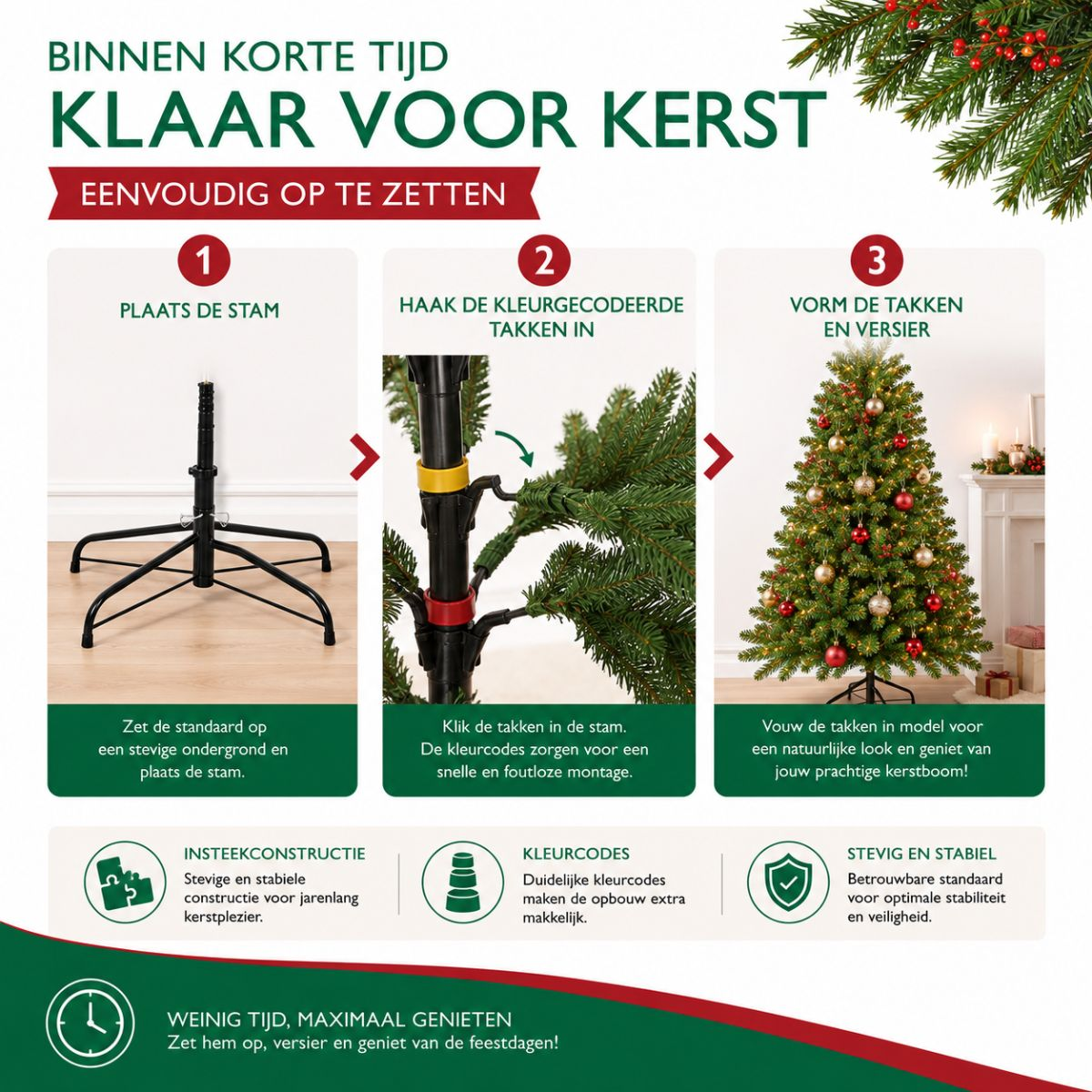 Instructieve infographic met drie eenvoudige stappen om een kunstkerstboom te monteren.