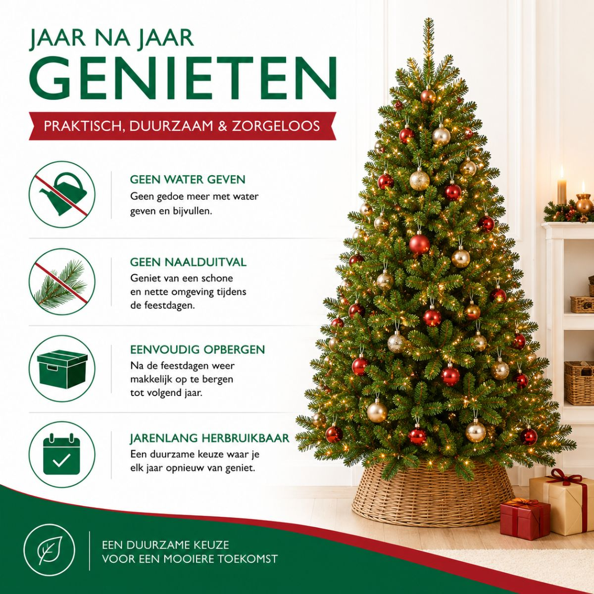 Versierde kunstkerstboom in rieten mand met tekst en iconen over voordelen.