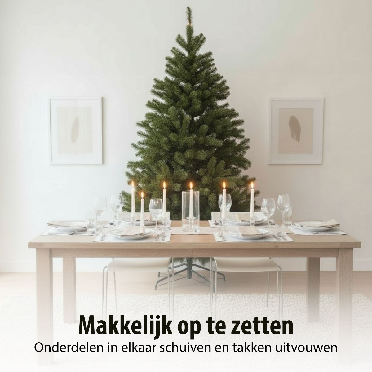 A wooden dining table with white tableware and candles, with a decorated Christmas tree behind it.