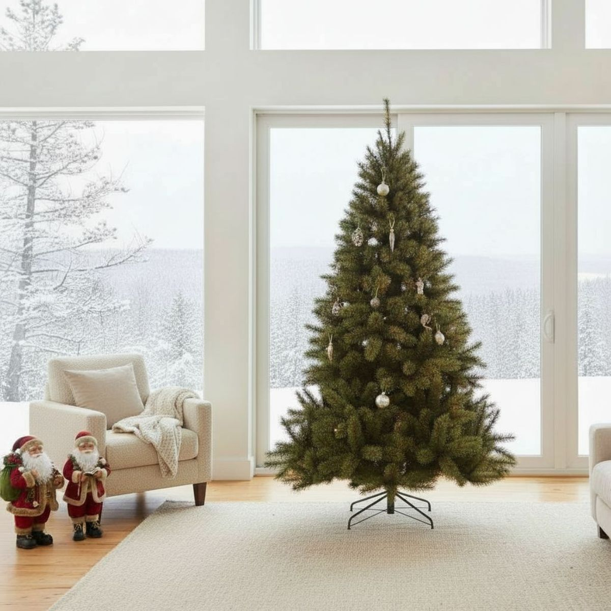 A decorated Christmas tree stands in a bright room with a snowy window view, two Santa figurines, and an armchair.