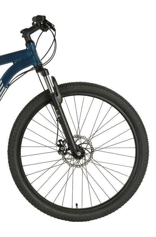 Seitenansicht des Vorderrads, der Federgabel und des Lenkers eines blauen Mountainbikes vor weißem Hintergrund.