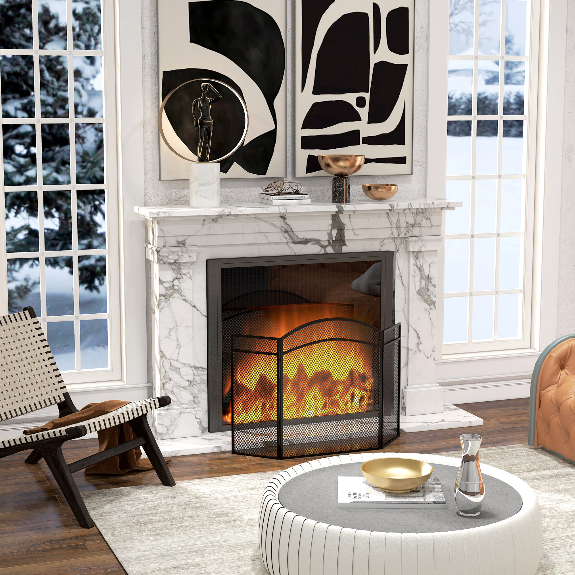 Acogedora sala con chimenea de mármol, fuego encendido, silla moderna y mesa de centro redonda frente a grandes ventanas.