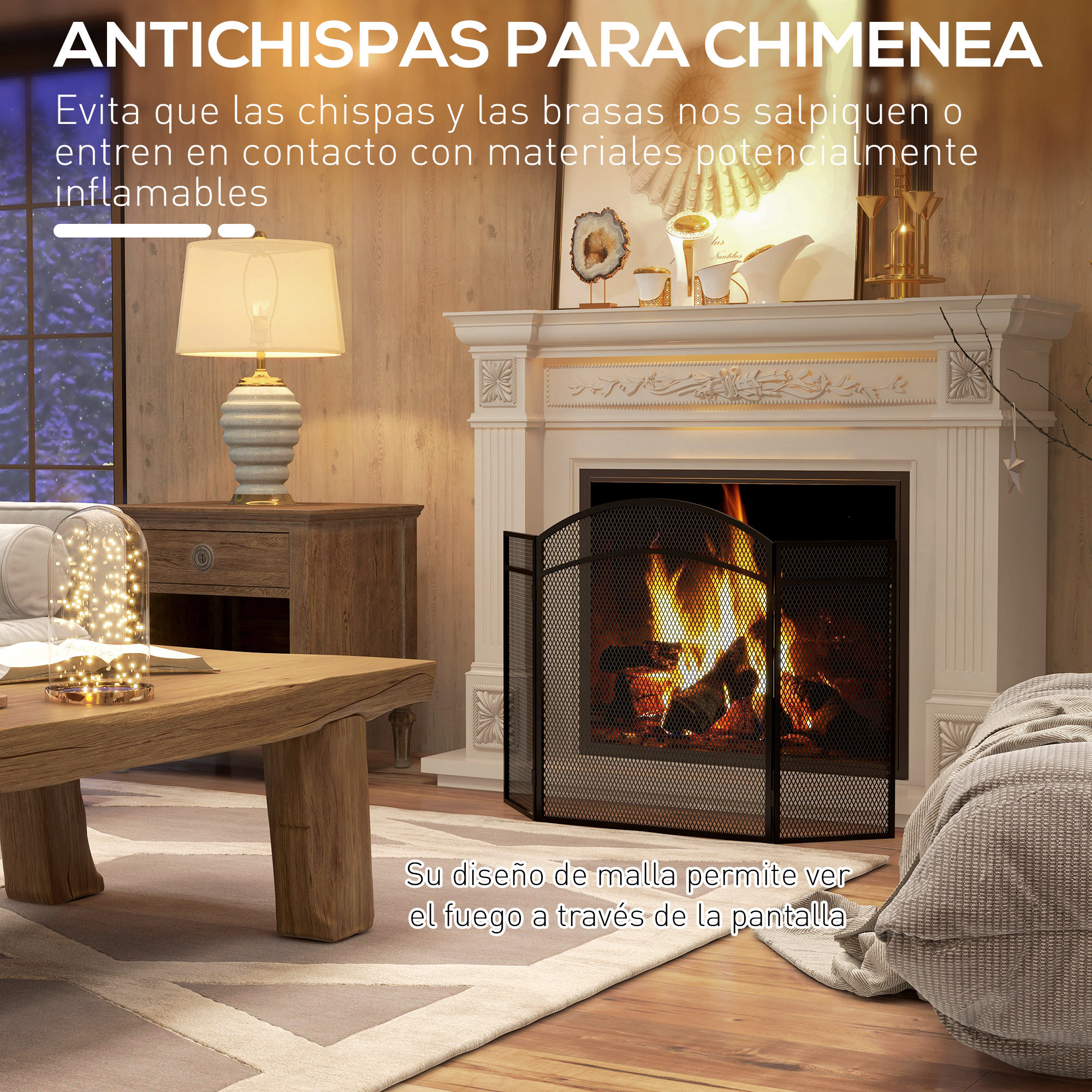 Una chimenea con una pantalla de malla metálica negra en una sala con muebles y decoración de madera.