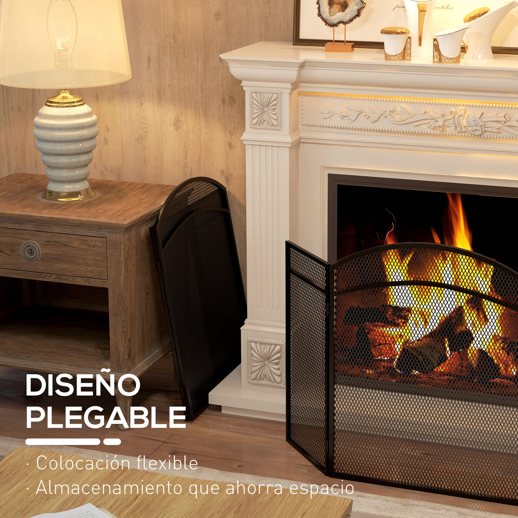 Una chimenea blanca con fuego, pantalla de metal negro al frente y una mesa de madera con lámpara.
