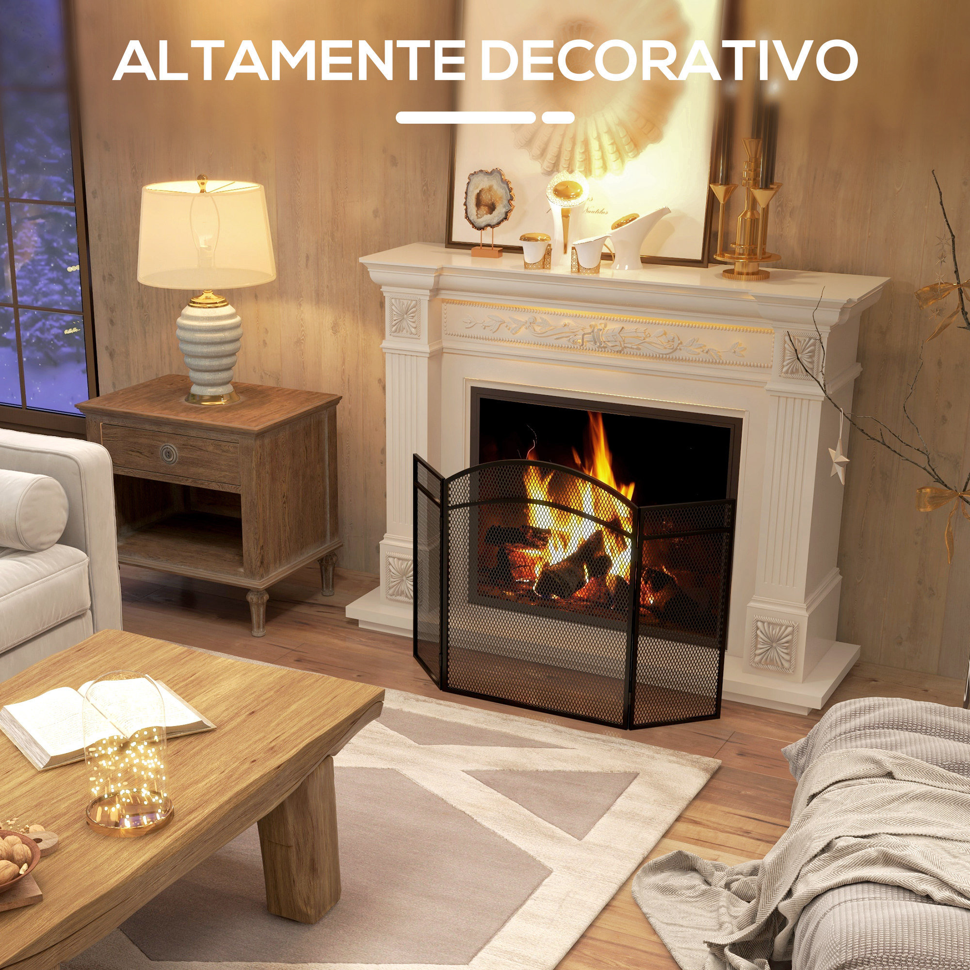 Acogedora sala con chimenea blanca, fuego encendido, mesas de madera y lámparas decorativas.