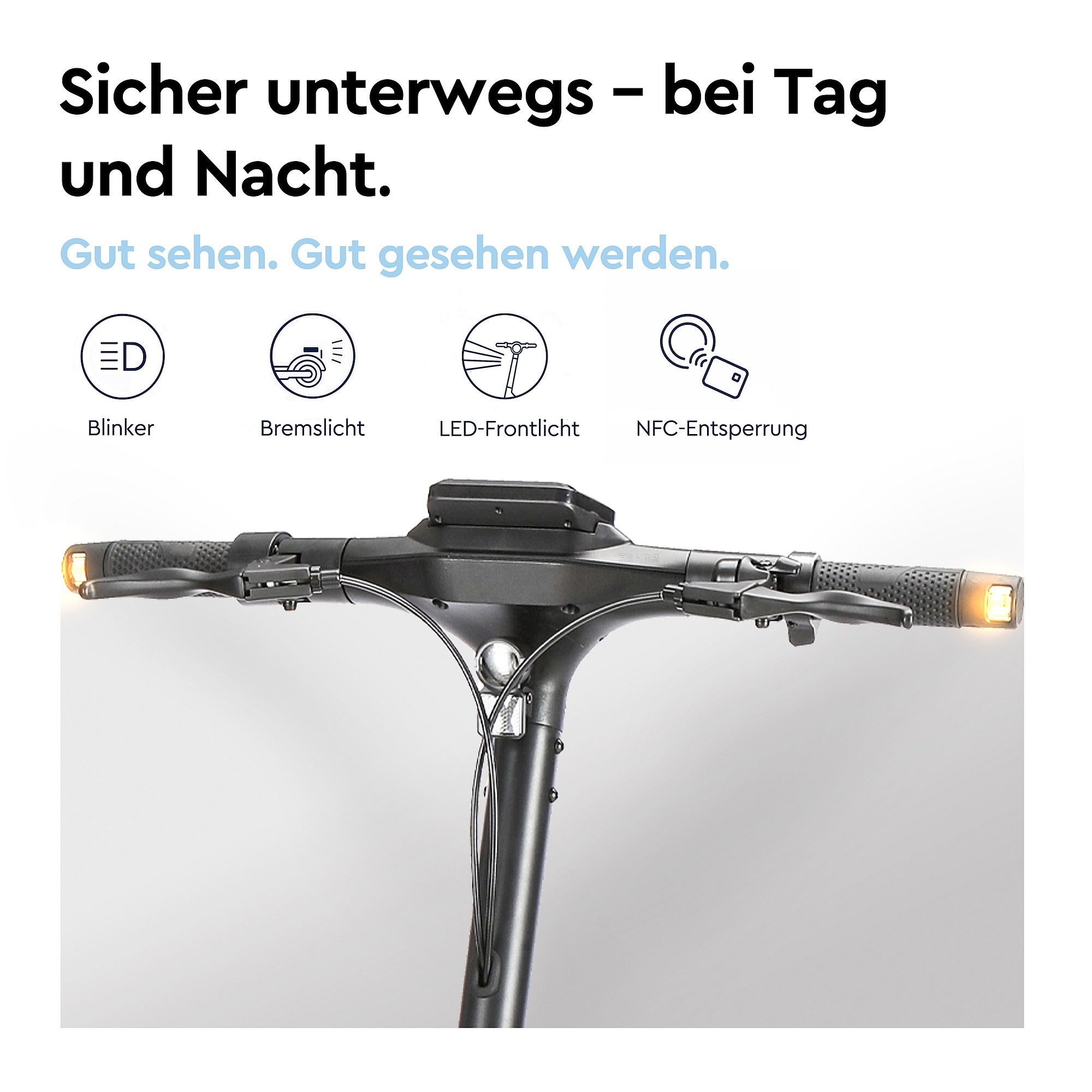 E-Scooter-Lenker mit leuchtenden Blinkern, Bremslicht, LED-Frontlicht und NFC-Entsperrungssymbolen.