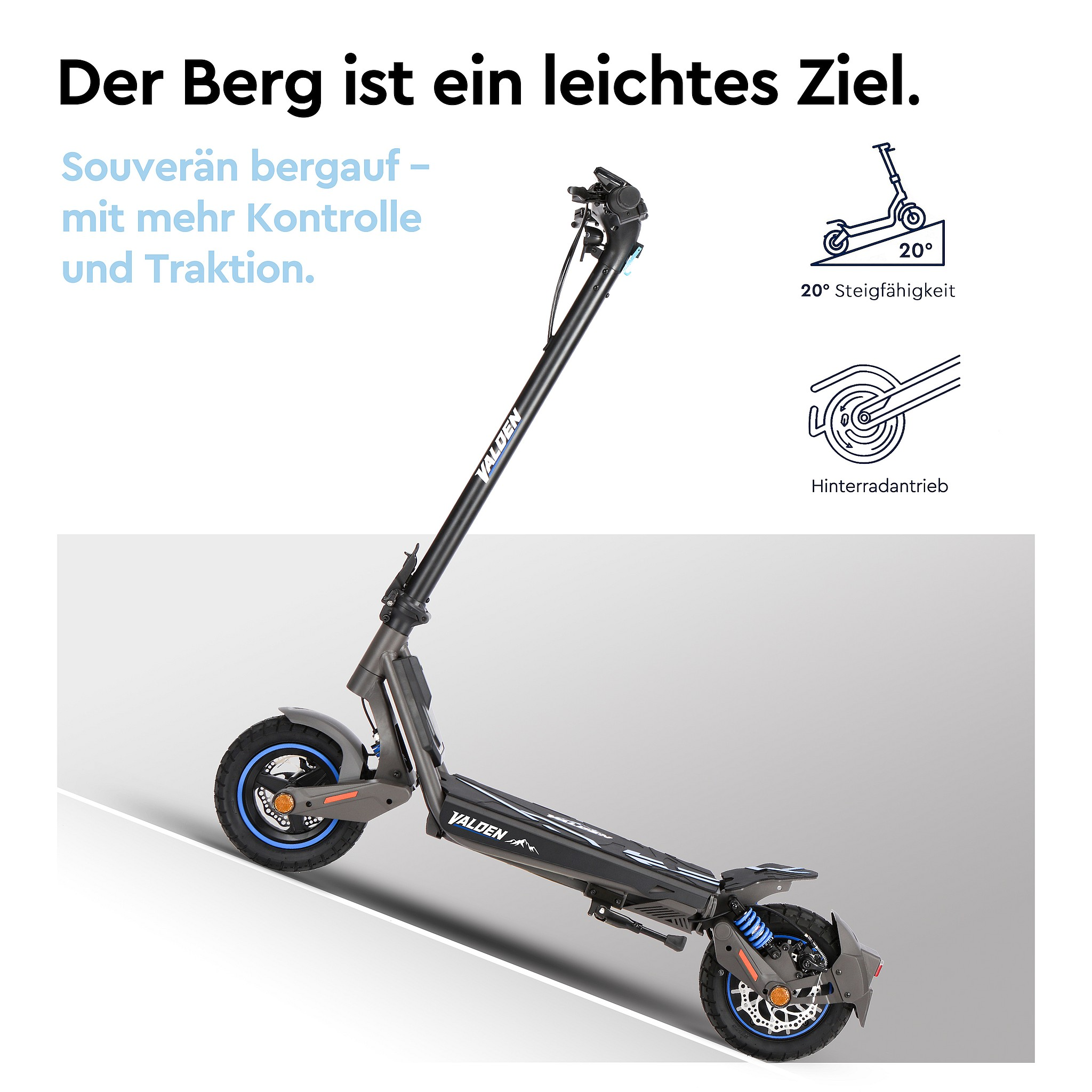 Ein schwarzer E-Scooter steht schräg auf grauem Hintergrund, mit Infografiken für 20° Steigfähigkeit und Hinterradantrieb.