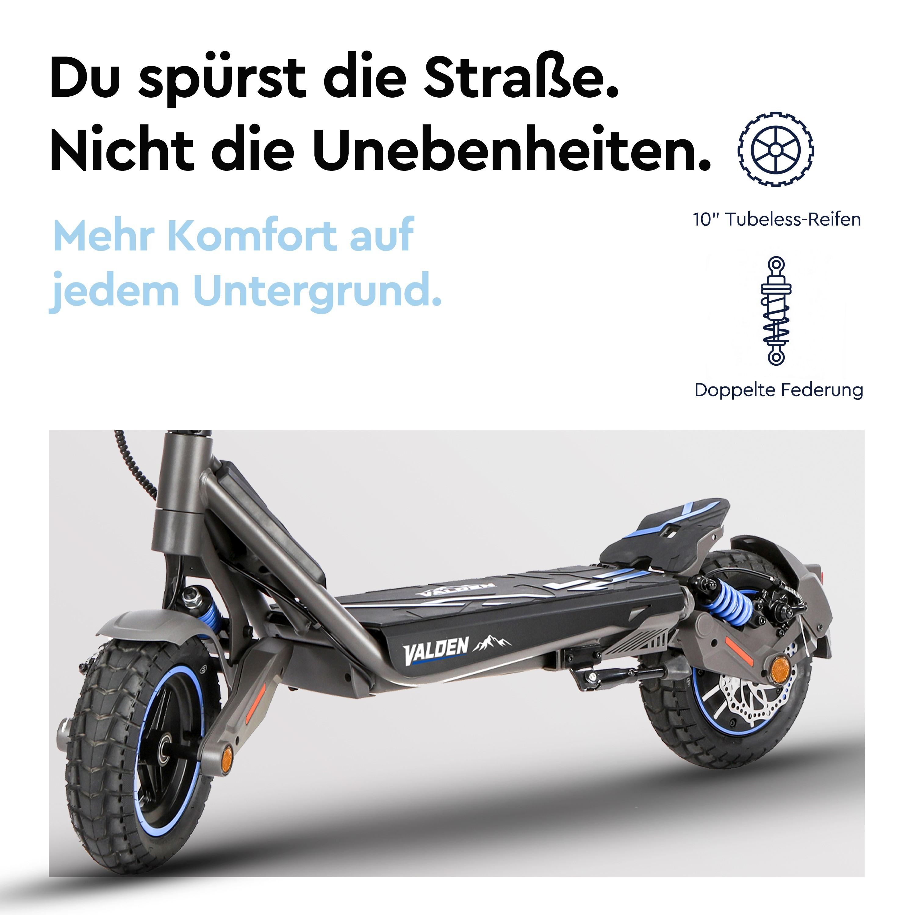 Grauer Valden E-Scooter mit Doppelung und Tubeless-Reifen, mit deutschem Werbetext oben.