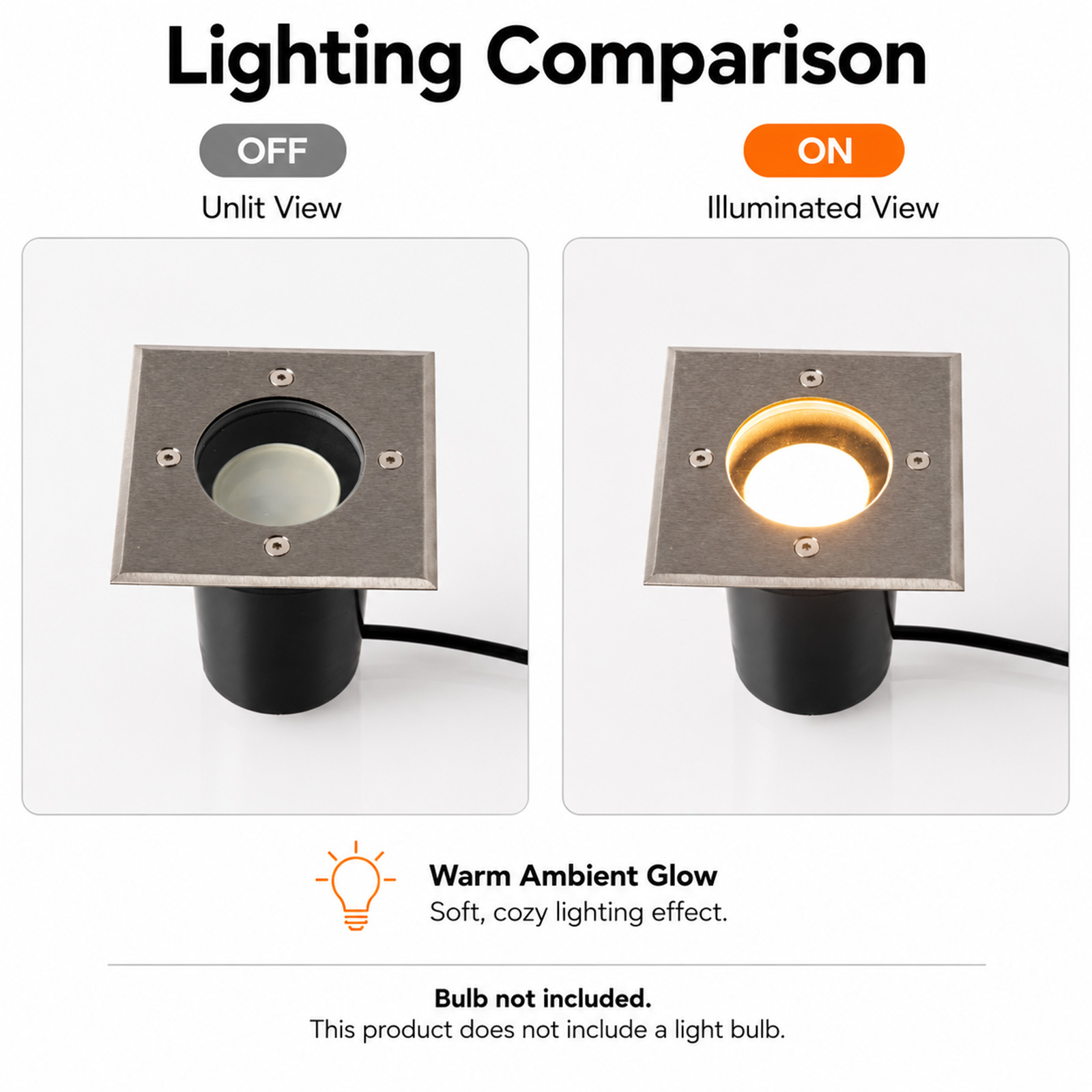 Comparación de dos luces empotradas cuadradas: a la izquierda apagada, a la derecha iluminada con luz cálida.