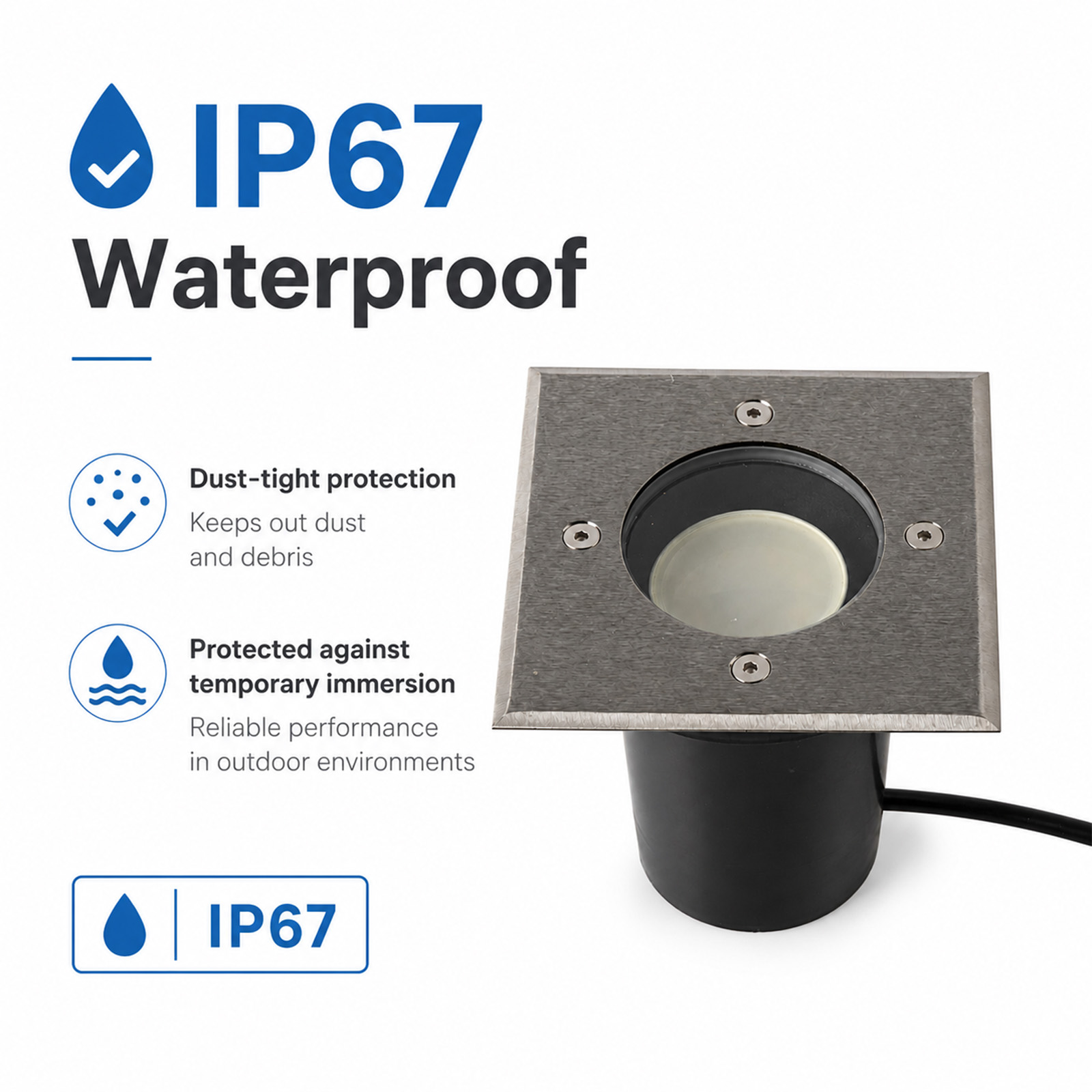Luz empotrable impermeable IP67 con texto e iconos sobre fondo blanco.