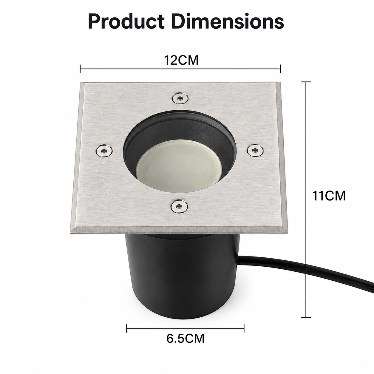 Dimensiones del producto de una luz de suelo empotrada cuadrada de 12 cm de ancho, 11 cm de alto y 6.5 cm de diámetro.