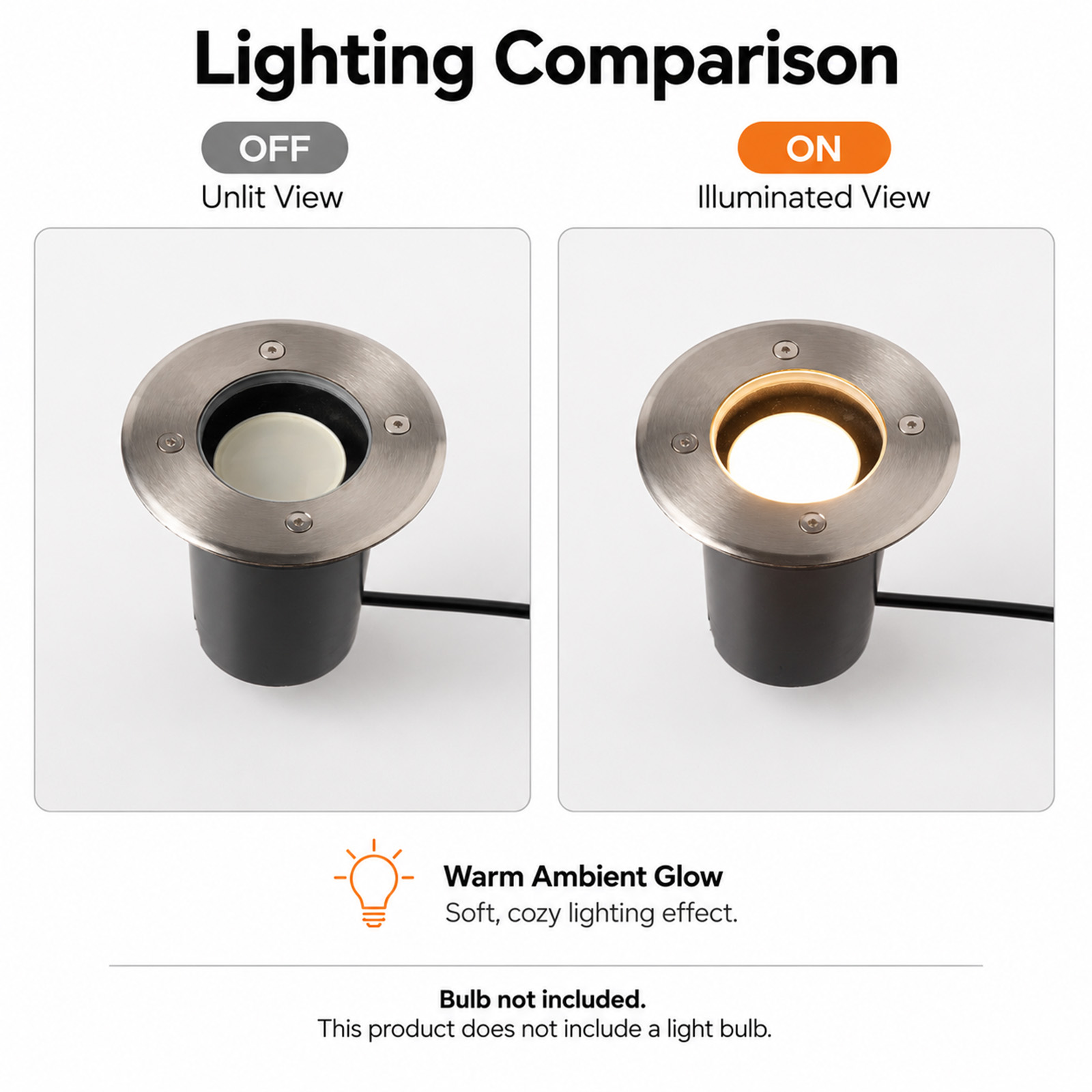Comparación de una luz de suelo empotrada, apagada y encendida con luz cálida, sobre un fondo blanco.