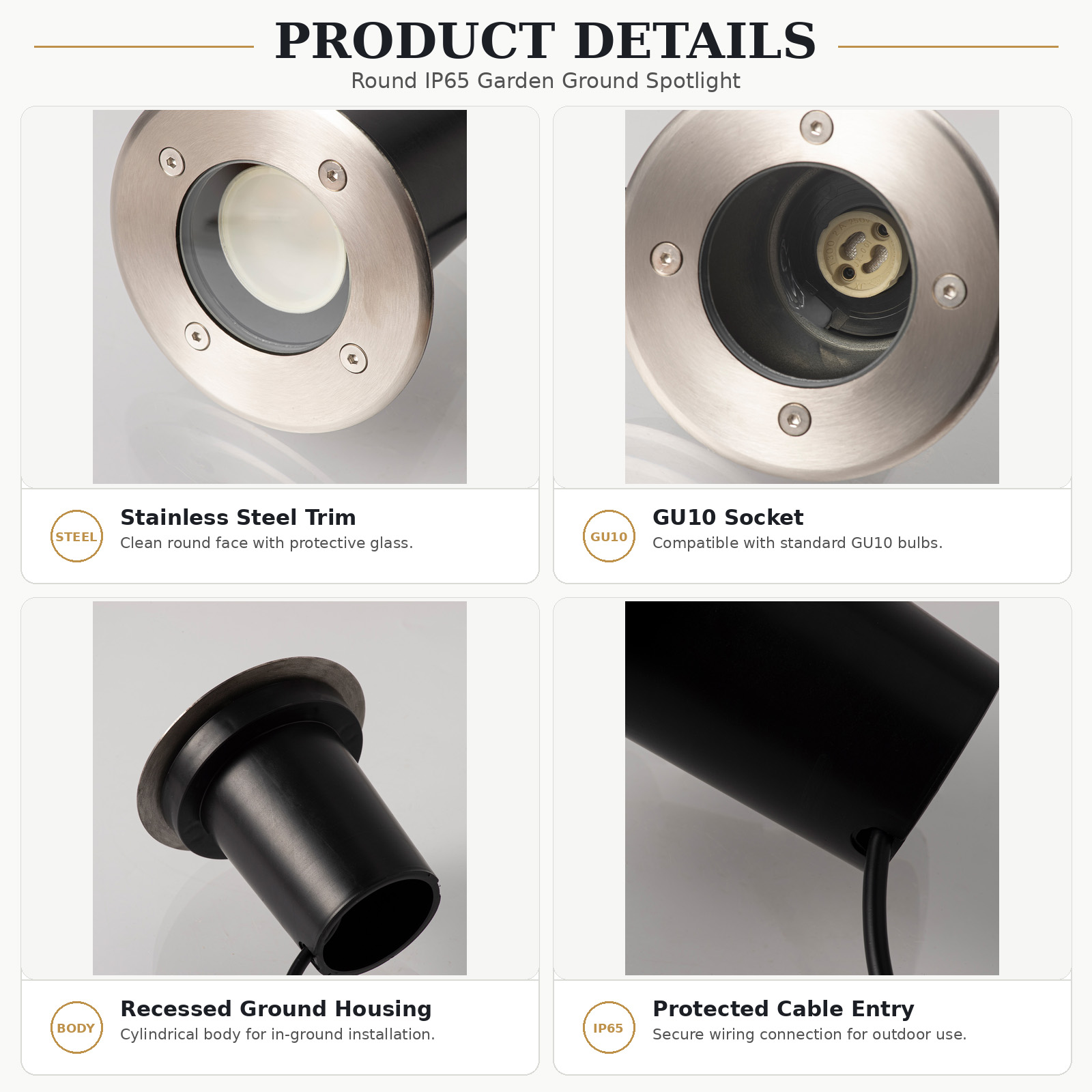 Detalles del producto del foco empotrable de suelo IP65, con marco de acero inoxidable, casquillo GU10 y carcasa.