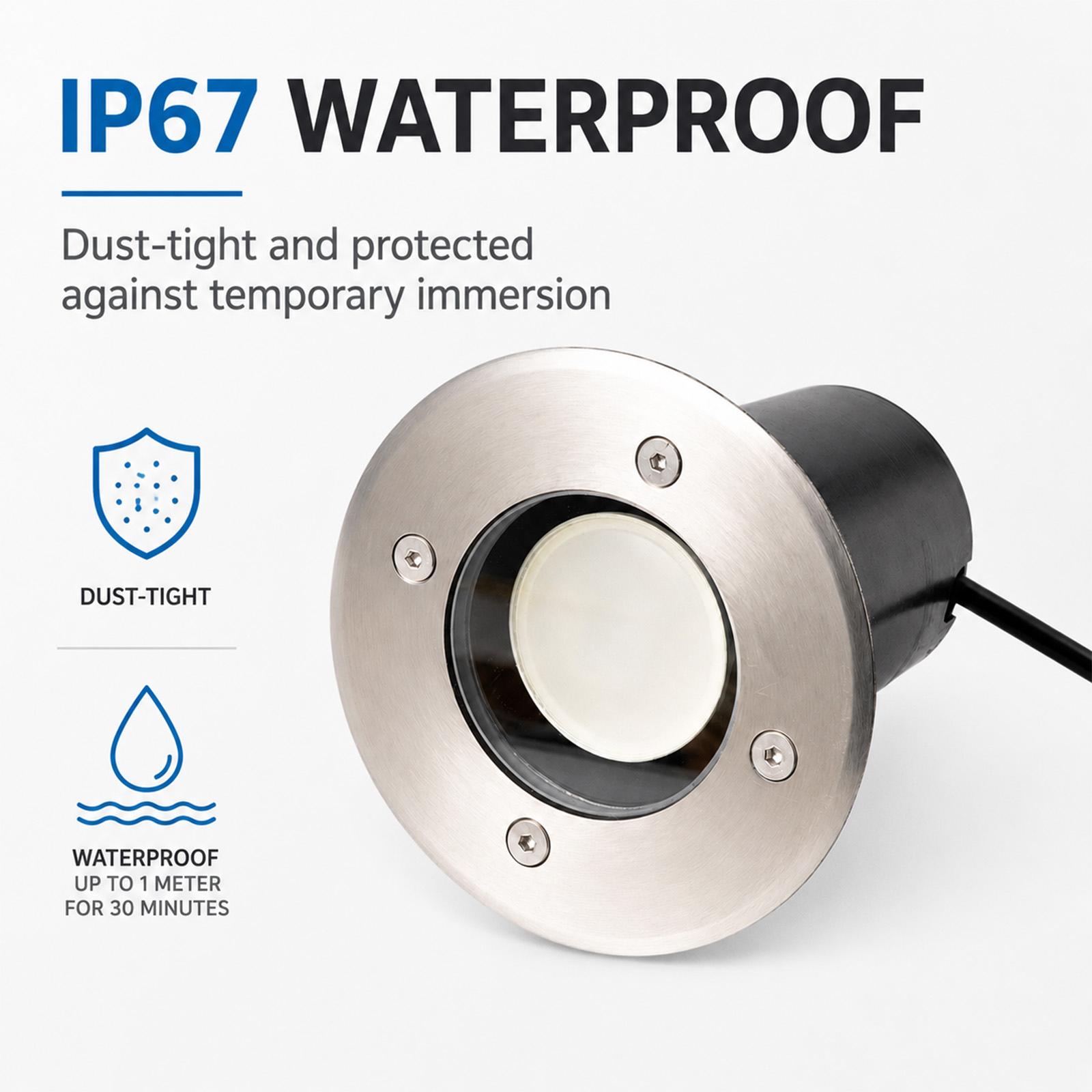 Una luz LED empotrable resistente al agua IP67 con iconos de estanqueidad al polvo y al agua.