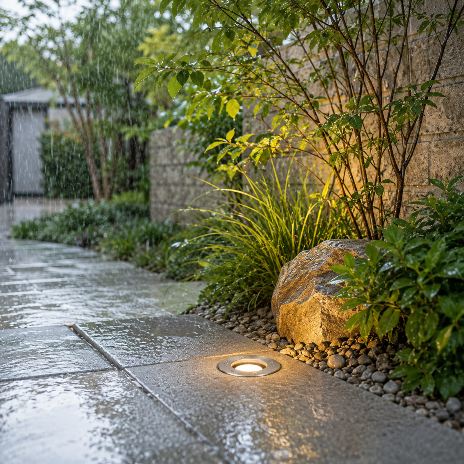 Sendero de jardín iluminado bajo la lluvia con piedras, arbustos y un muro de piedra al fondo.