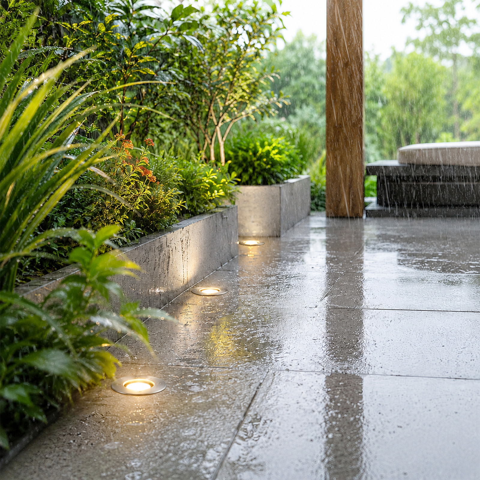 Luces empotradas en el suelo en un patio mojado con macizos de flores y lluvia a la luz del día.