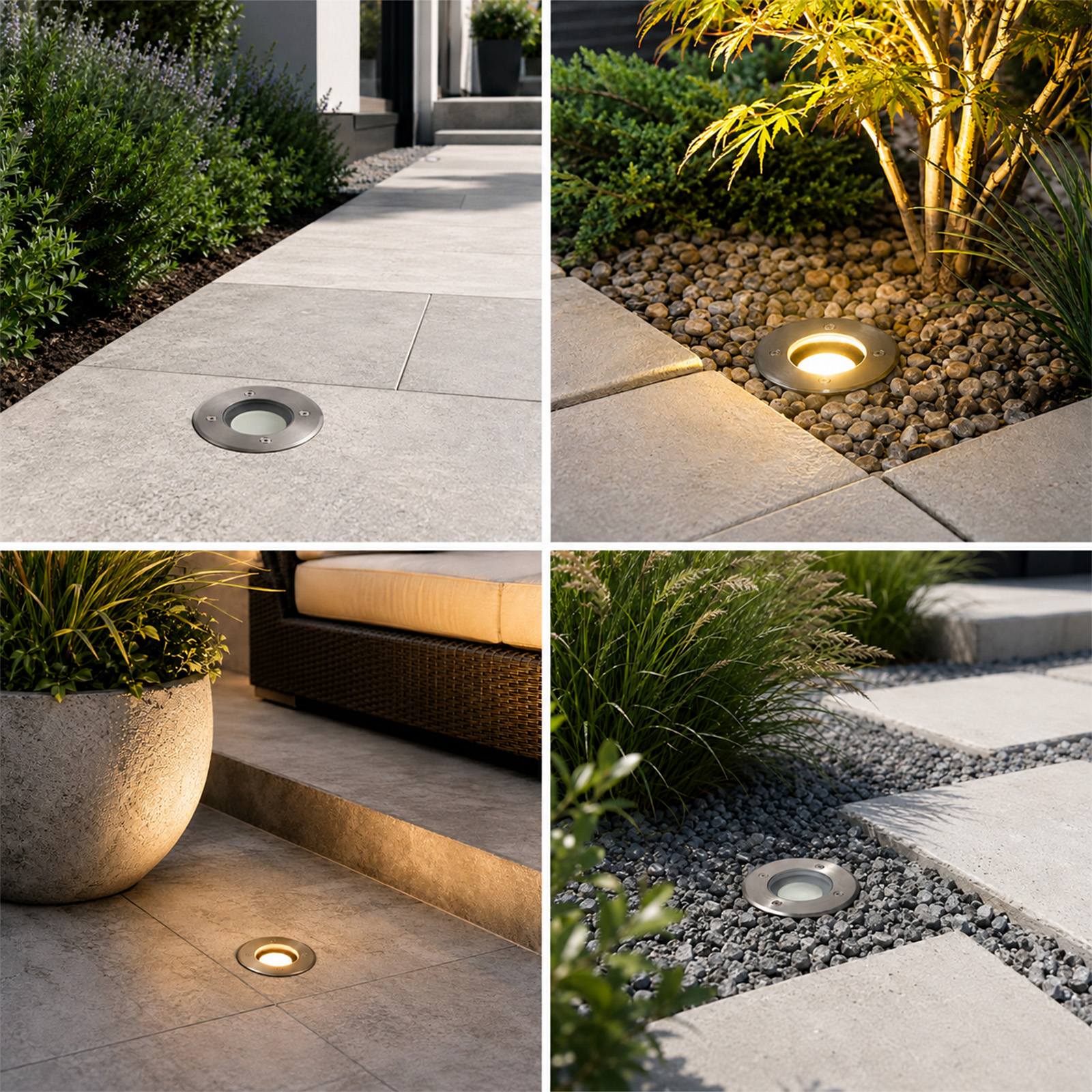 Cuatro imágenes muestran iluminación exterior moderna con luces empotradas en el suelo en varios jardines.
