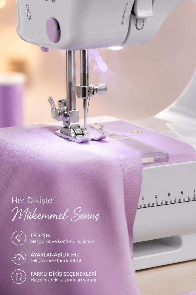 Bir dikiş makinesi, promosyon metniyle LED ışık altında mor kumaş dikiyor.