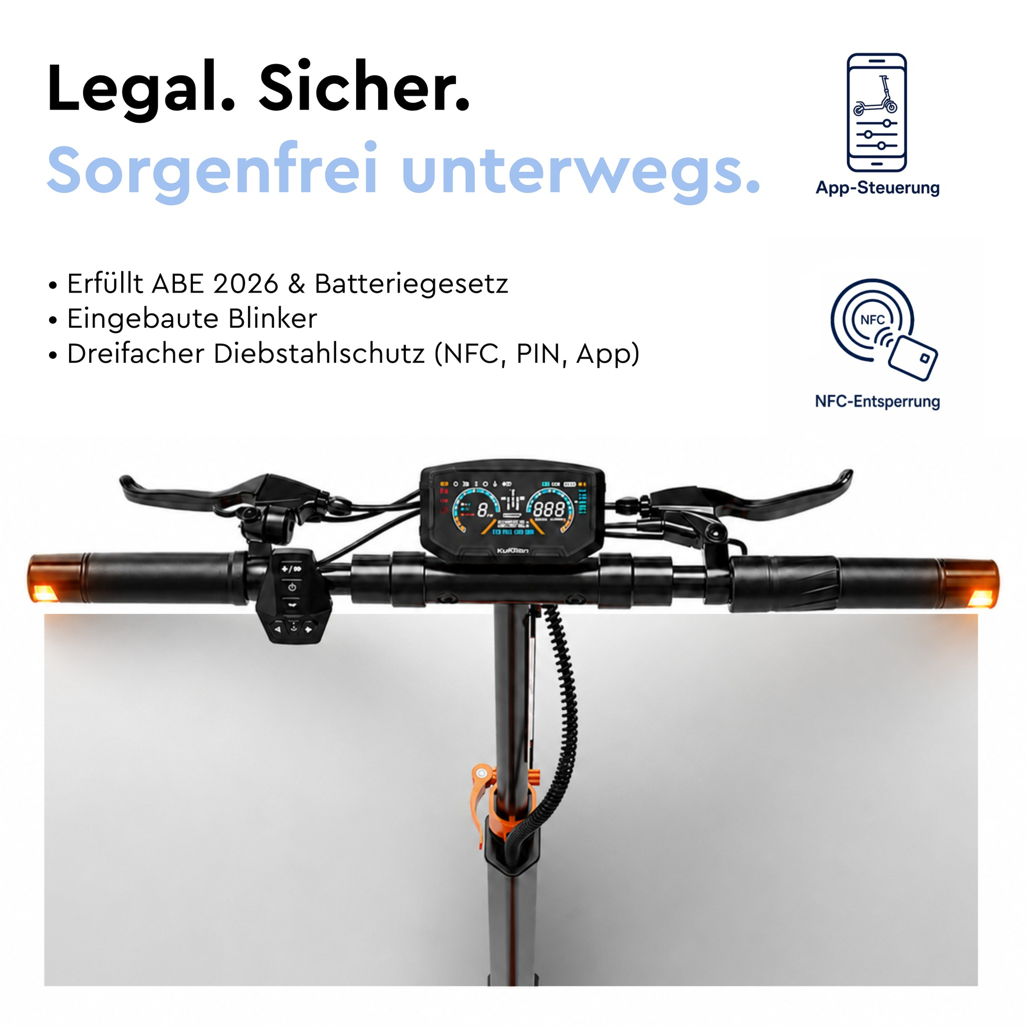 E-Scooter-Lenker mit Display, blinkenden Griffen, App-Steuerung und NFC-Entsperrung vor weißem Hintergrund.