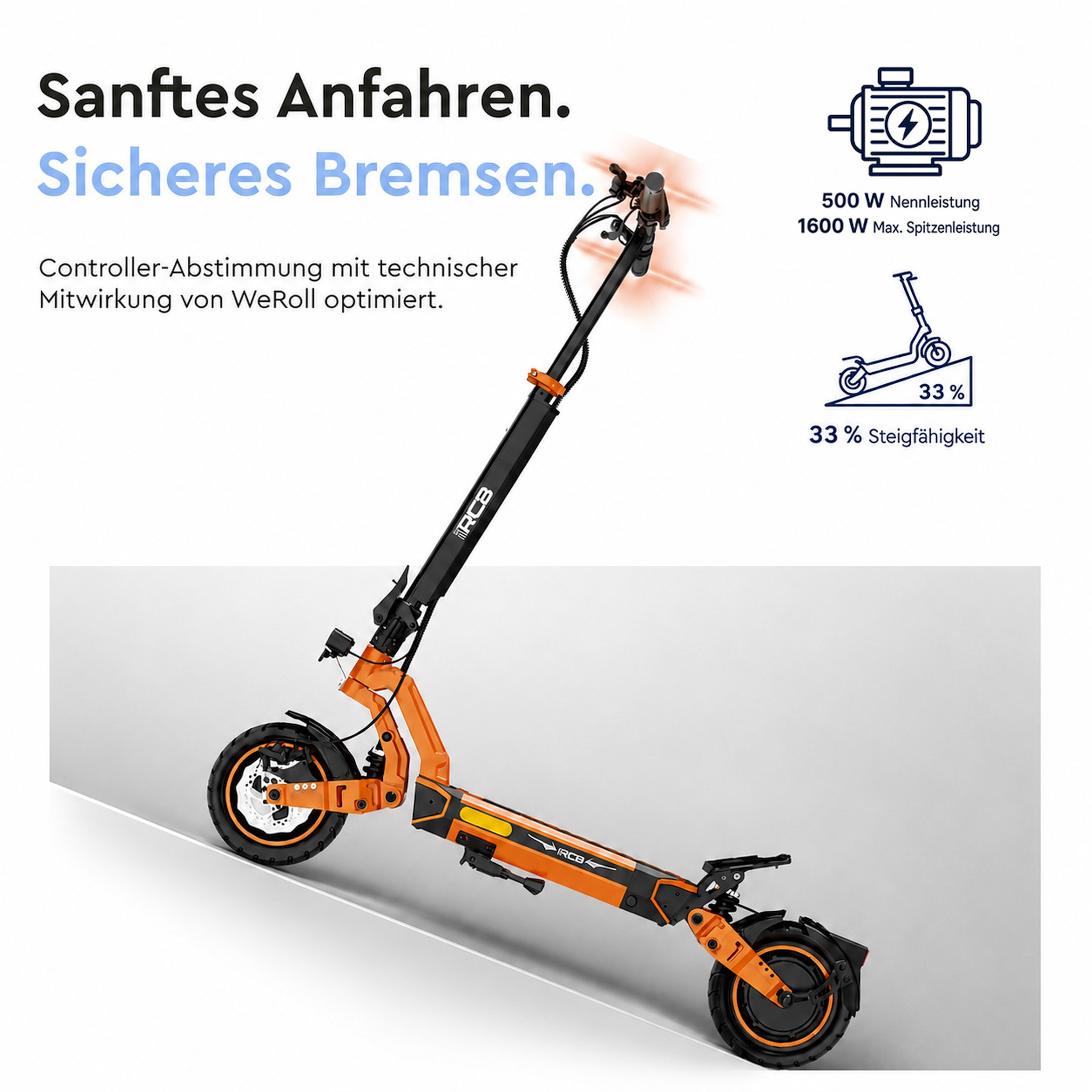 Ein orange-schwarzer E-Scooter an einer Steigung mit technischen Leistungsdaten.