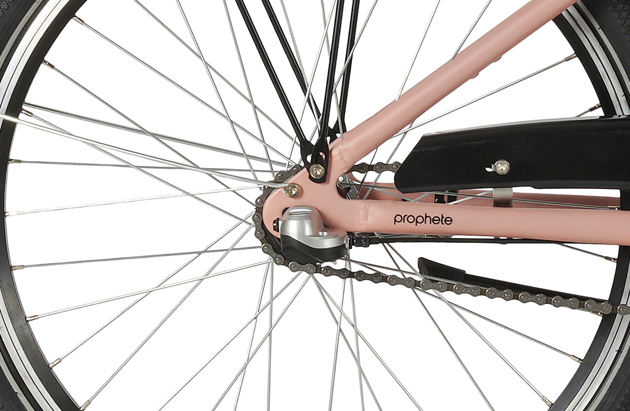 Nahaufnahme des rosa Fahrradhinterrads mit Speichen, Kette und Kettenblatt.
