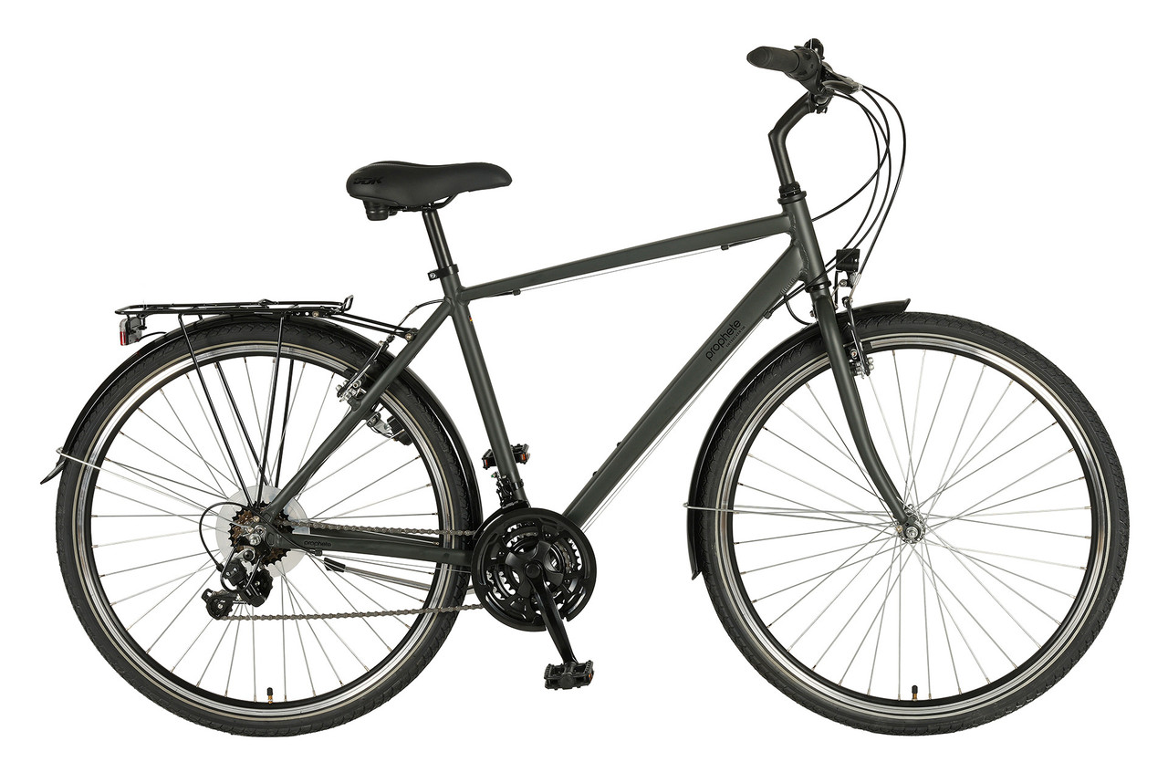 Ein graues Citybike mit Gepäckträger, schwarzen Schutzblechen und Kettenschutz vor weißem Hintergrund.