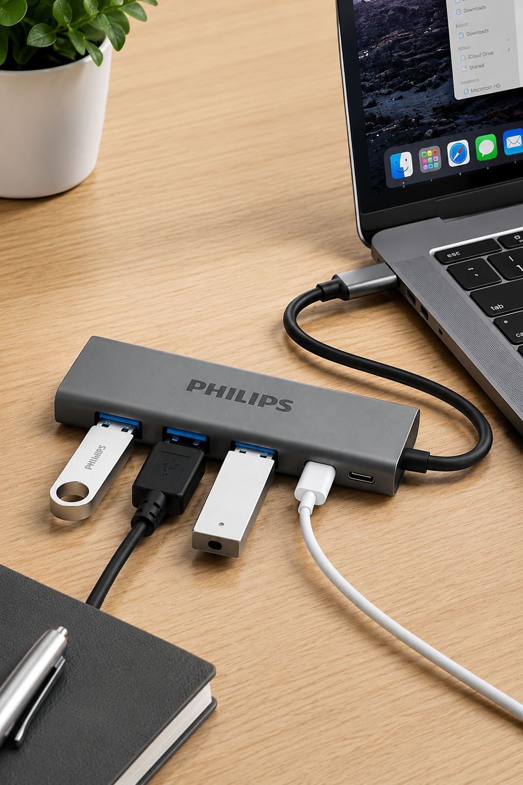 Bir dizüstü bilgisayarın yanında ahşap masada bağlı kablolar ve USB bellekler bulunan gri bir Philips USB-C çoklayıcı.