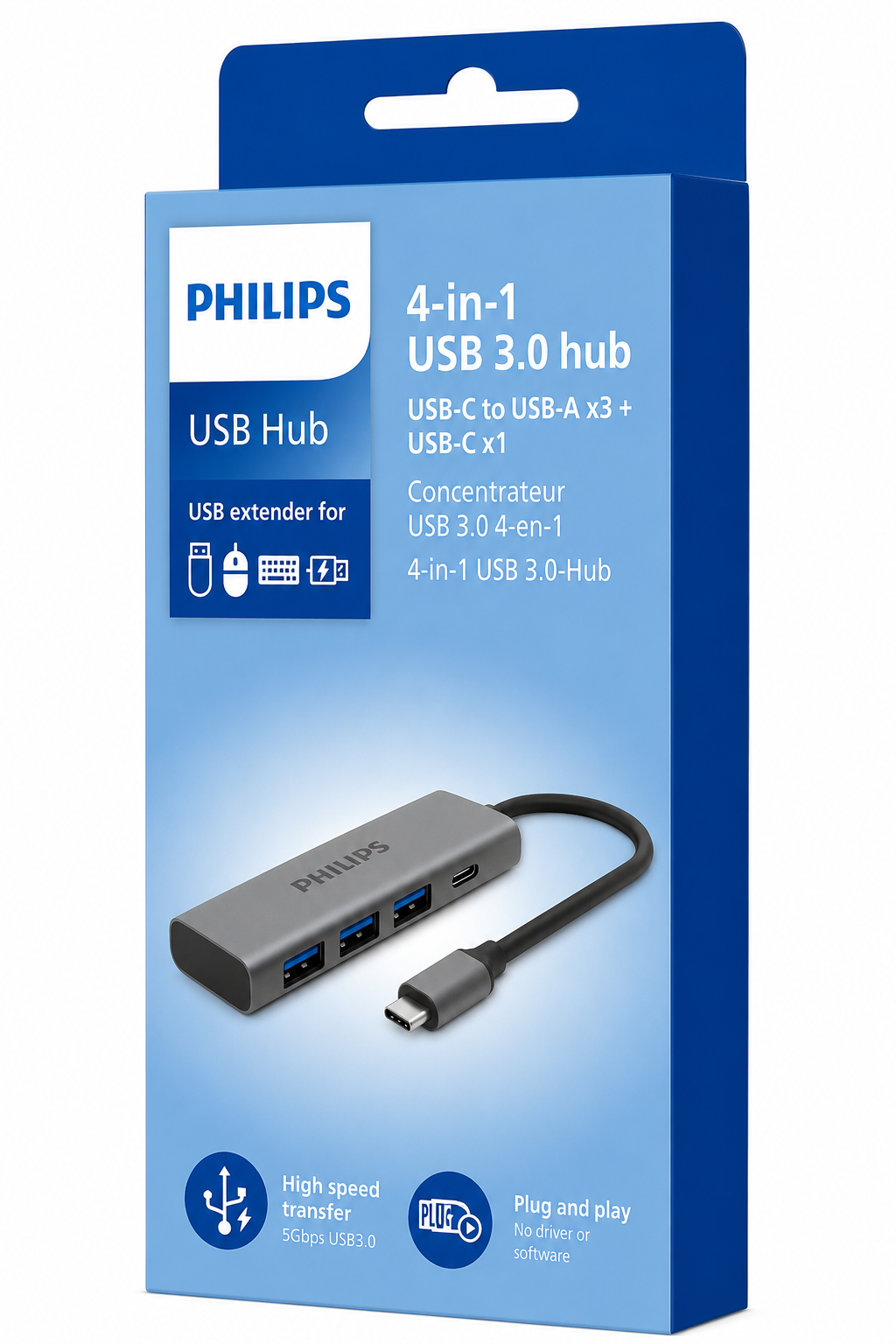 Gri adaptörlü mavi ambalajında Philips 4'ü 1 arada USB 3.0 hub.