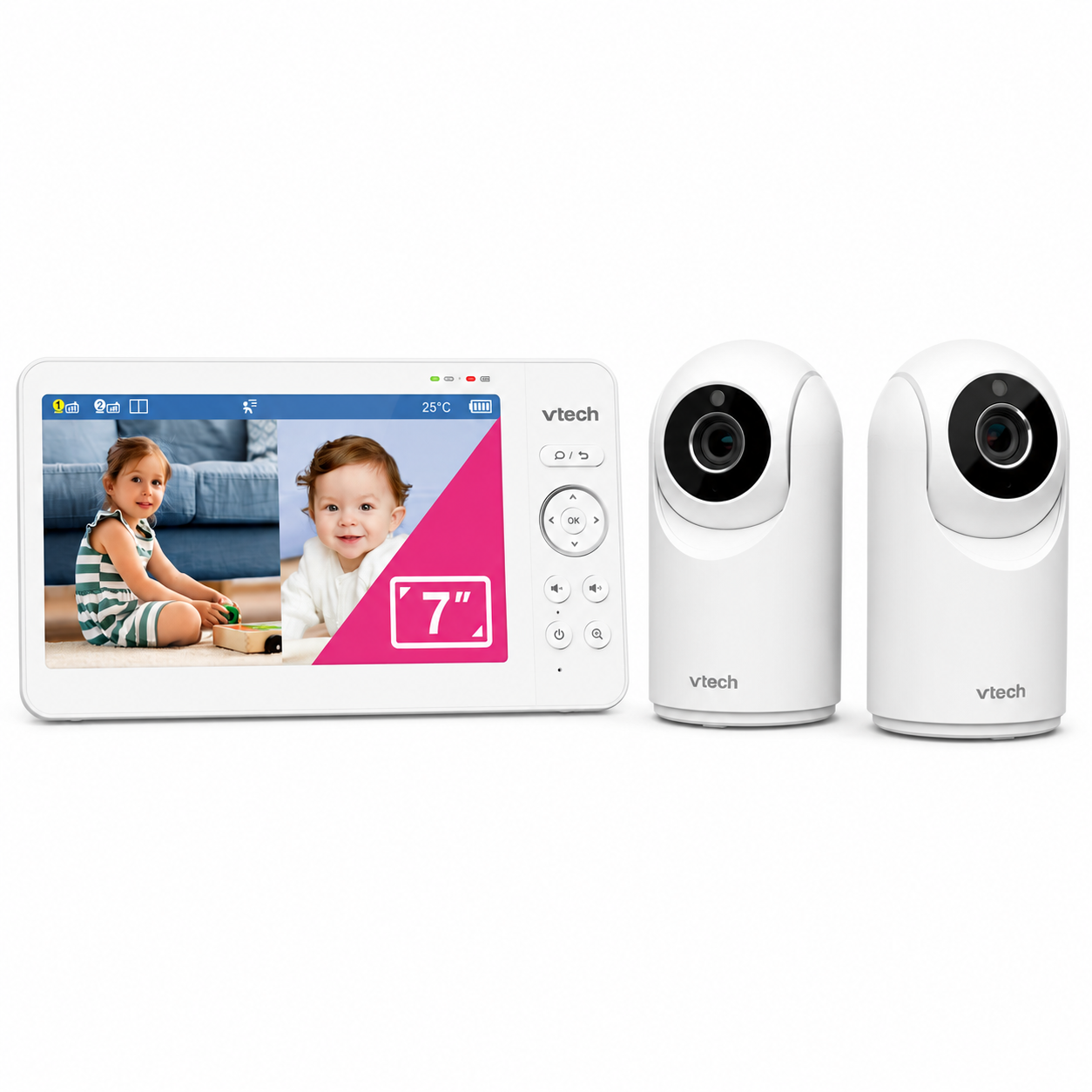 Un monitor de bebé VTech con pantalla grande y dos cámaras de seguridad blancas sobre fondo blanco.