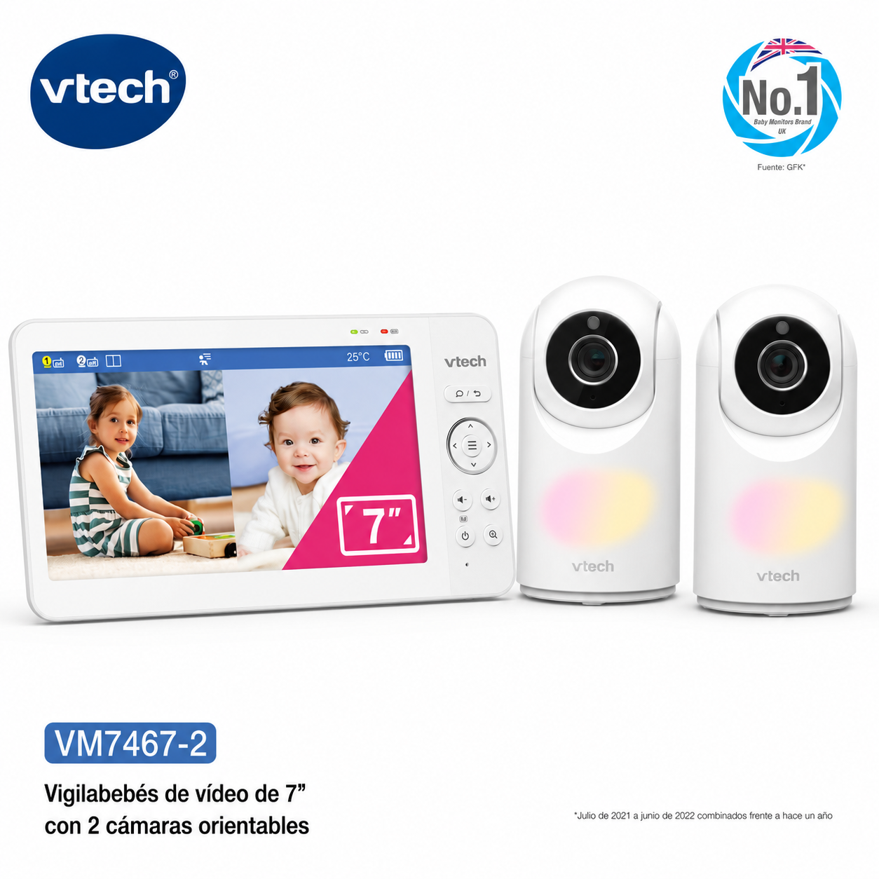 Vigilabebés de vídeo VTech de 7 pulgadas con unidad para padres y dos cámaras orientables blancas.